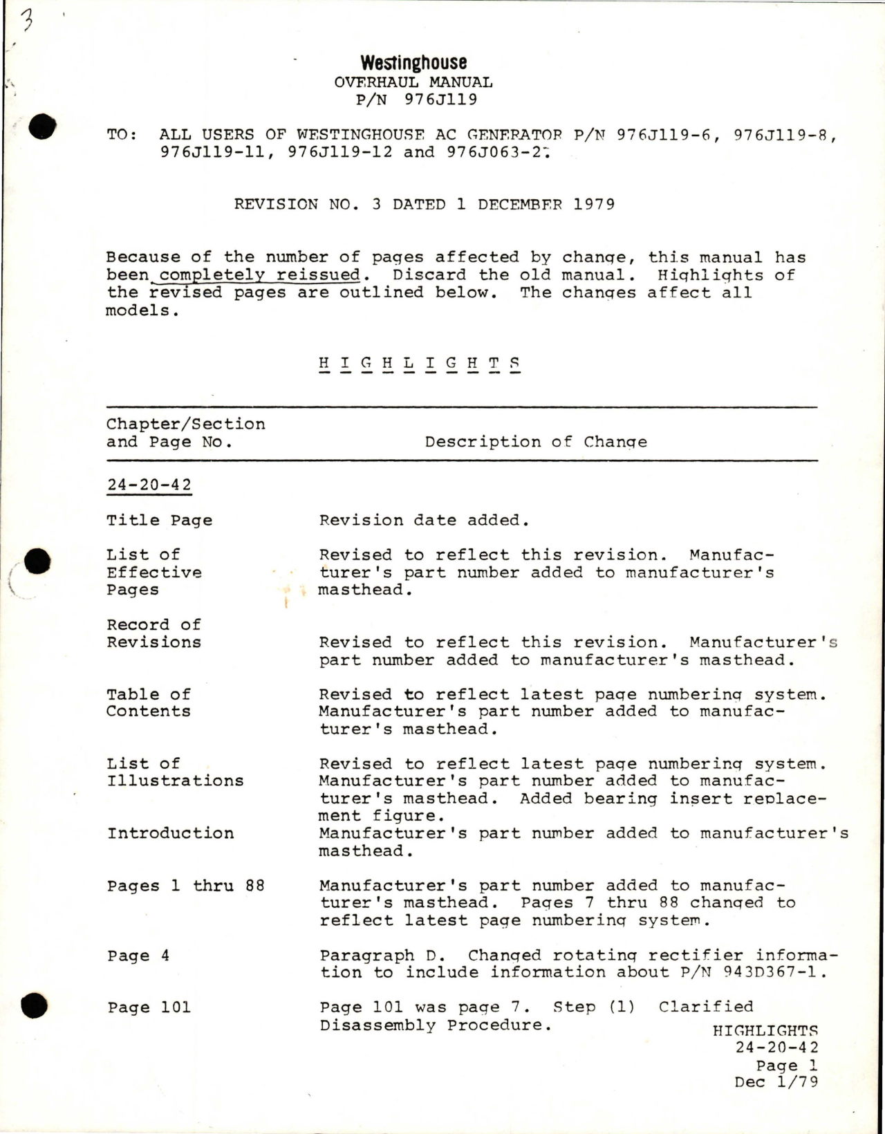 Sample page 1 from AirCorps Library document: Overhaul Manual Revision Highlights for AC Generator 