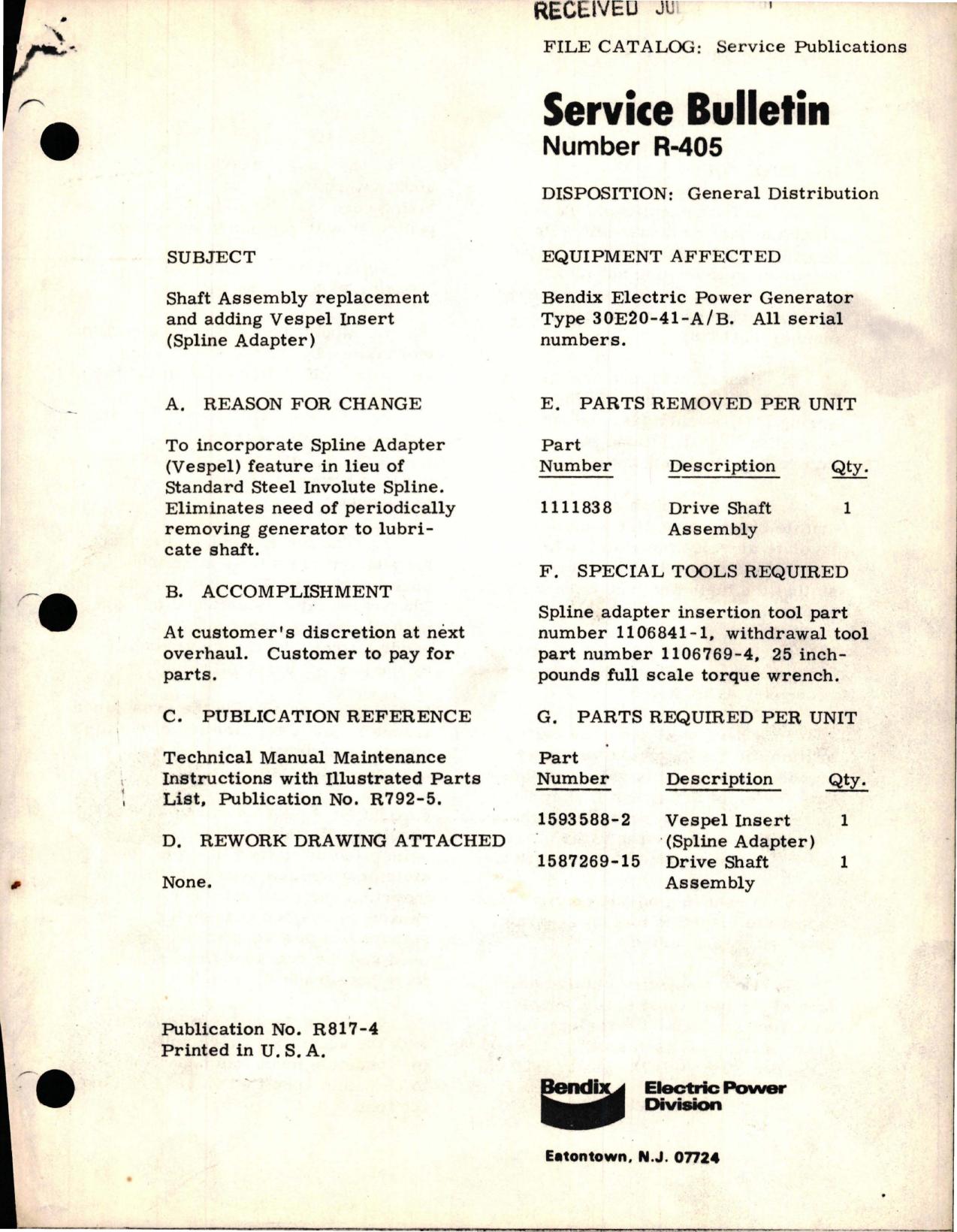 Sample page 1 from AirCorps Library document: Shaft Assembly Replacement and Adding Vespel Insert for Electric Power Generator Type 30E20-41-A/B 