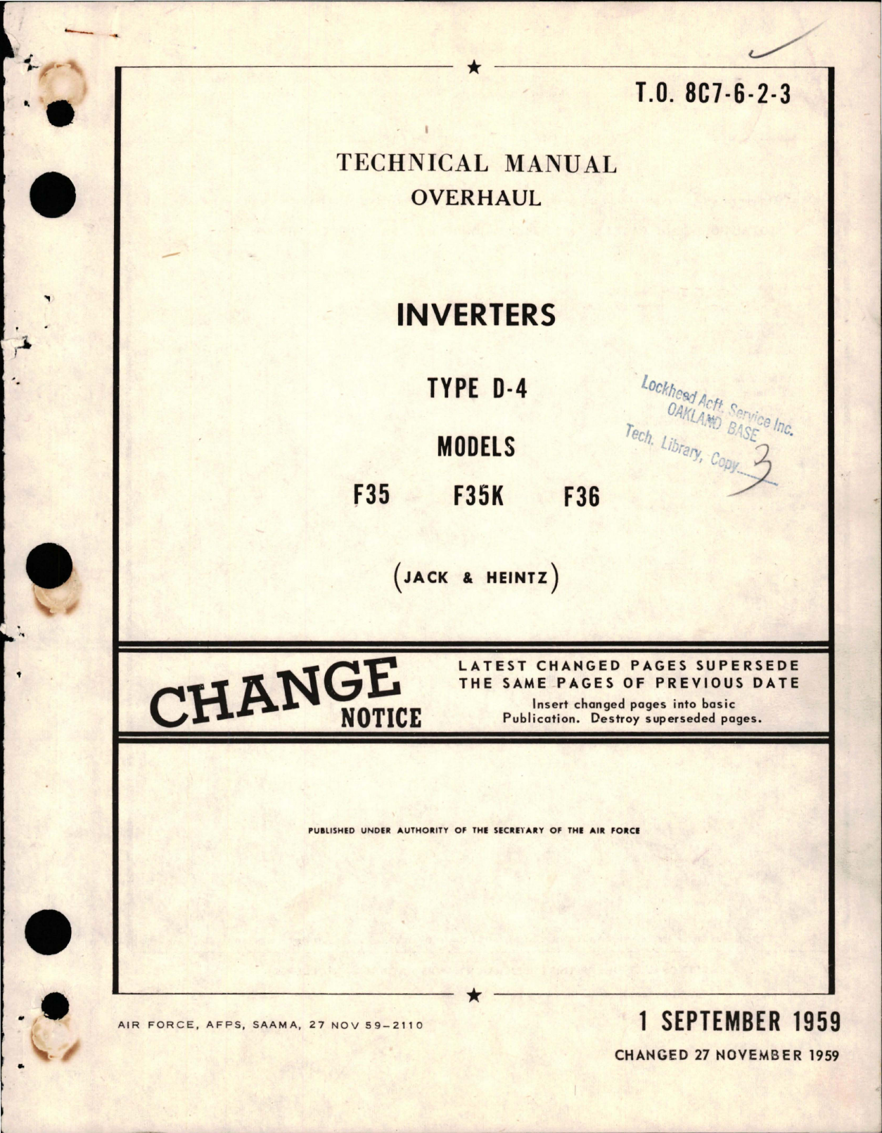Sample page 1 from AirCorps Library document: Overhaul for Inverters - Type D-4 - Models F35, F35K, and F36