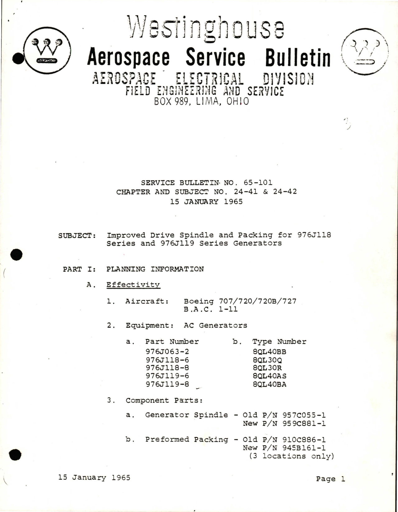 Sample page 1 from AirCorps Library document: Improved Drive Spindle and Packing for 976J118 Series and 976J119 Series Generators