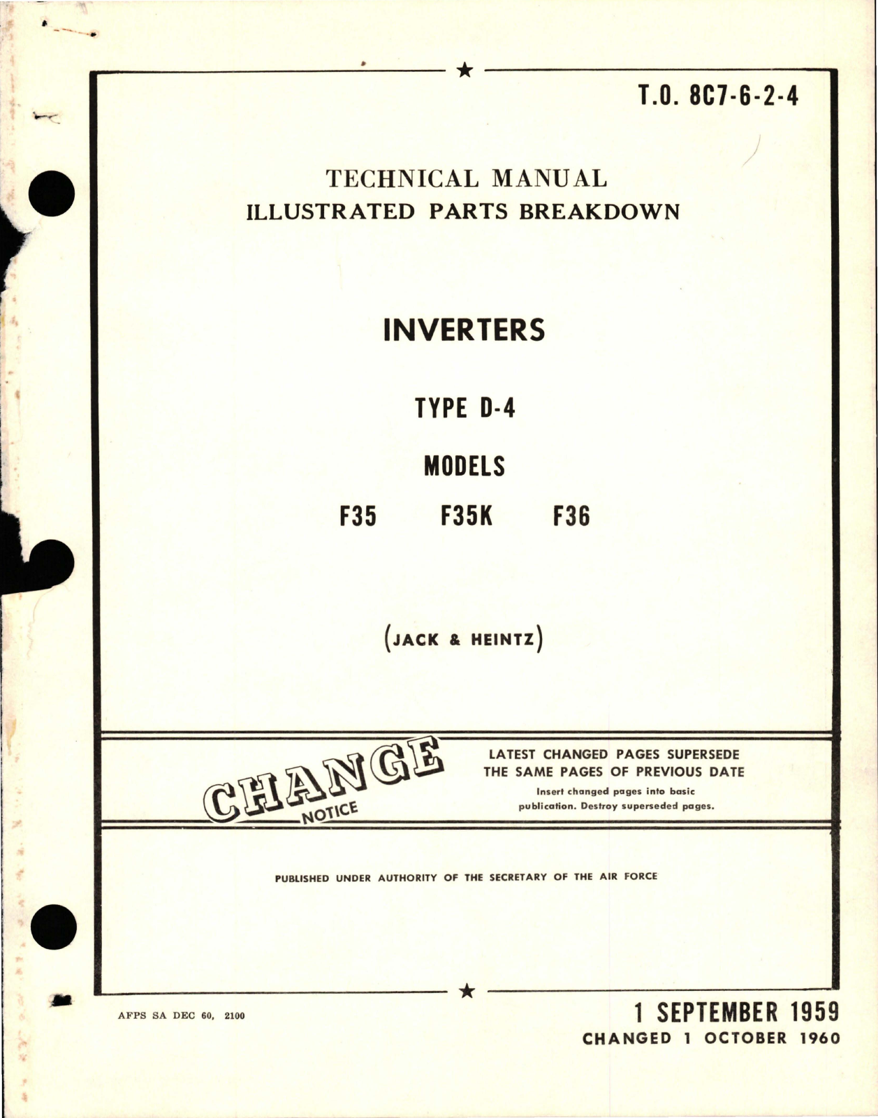 Sample page 1 from AirCorps Library document: Illustrated Parts Breakdown for Inverters - Type D-4 - Models F35, F35K, and 36 