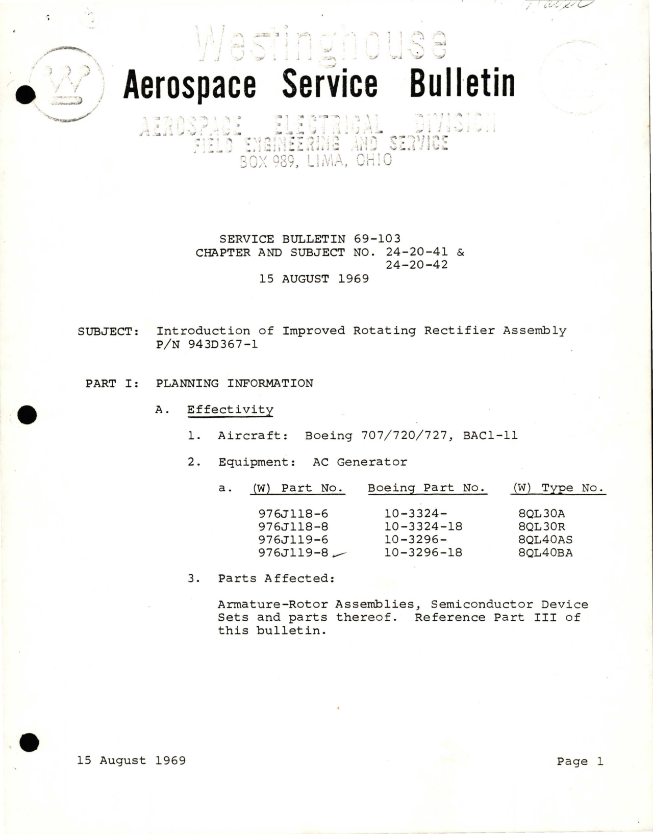 Sample page 1 from AirCorps Library document: Introduction of Improved Rotating Rectifier Assembly - Part 943D367-1