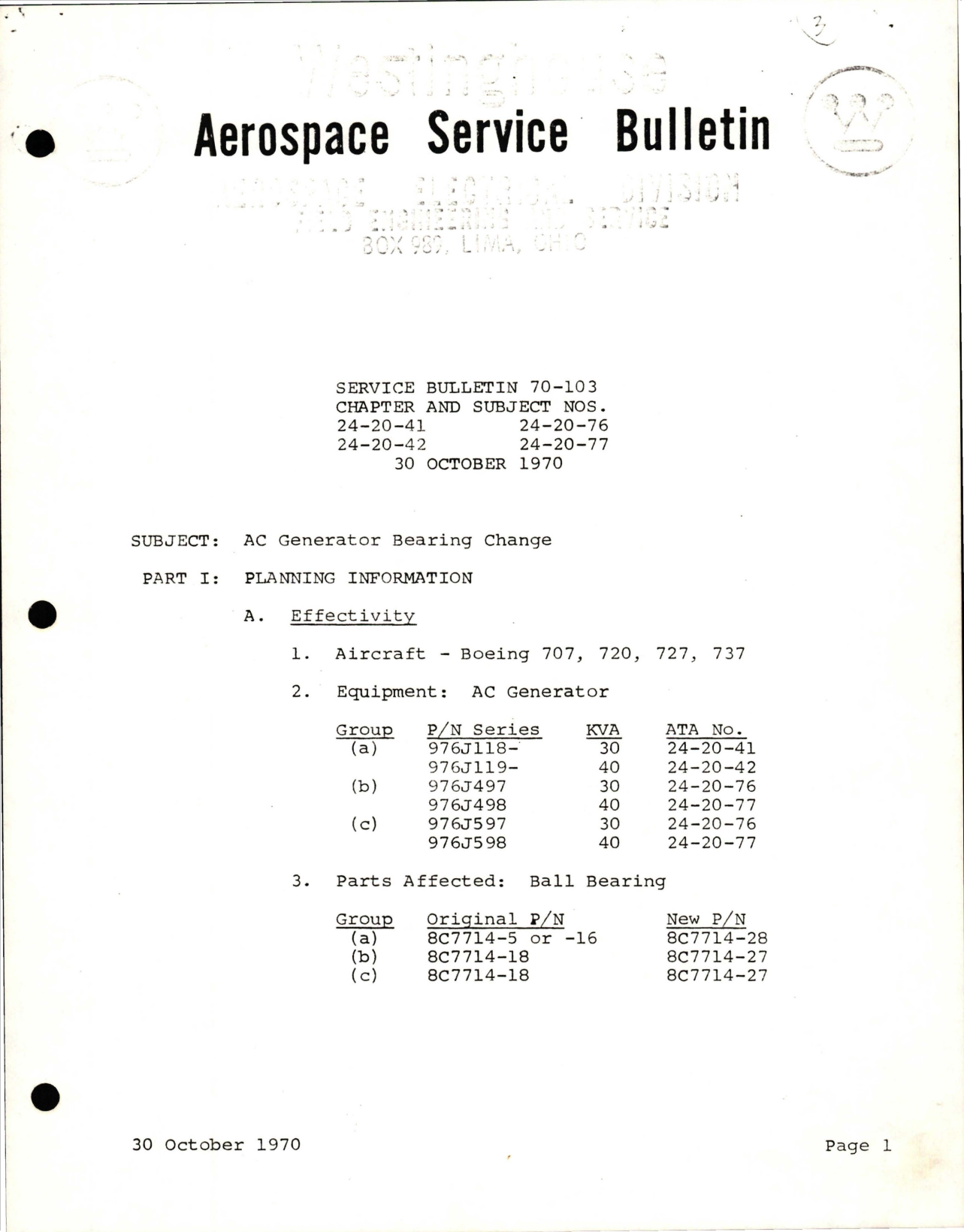Sample page 1 from AirCorps Library document: AC Generator Bearing Change