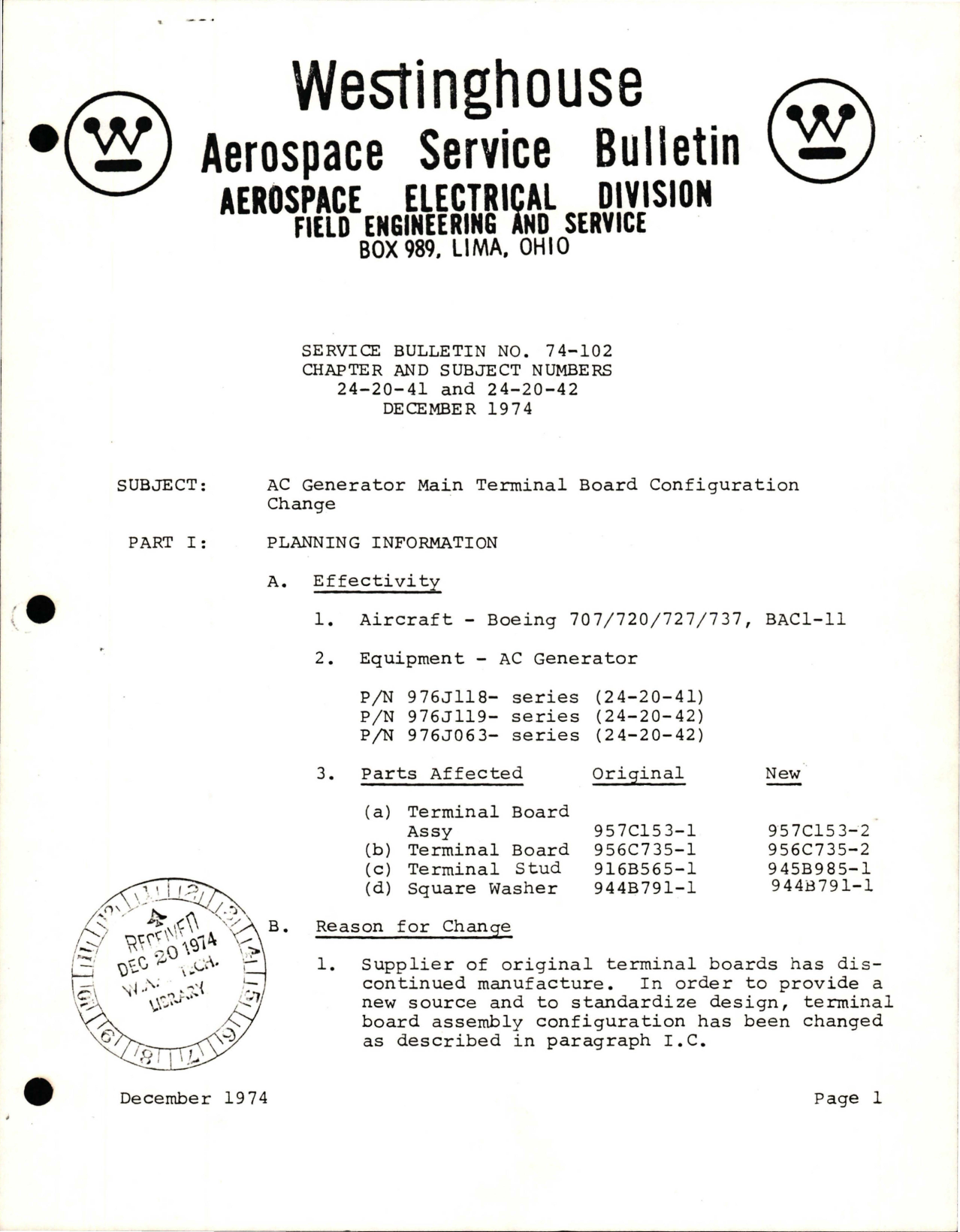 Sample page 1 from AirCorps Library document: AC Generator Main Terminal Board Configuration Change