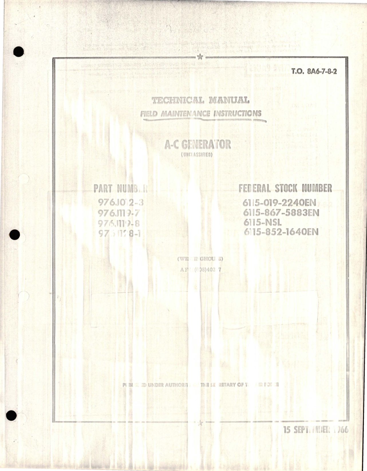 Sample page 1 from AirCorps Library document: Field Maintenance Instructions for A-C Generator - Parts 976J012-3, 976J119-7, 976J119-8, and 976J128-1 