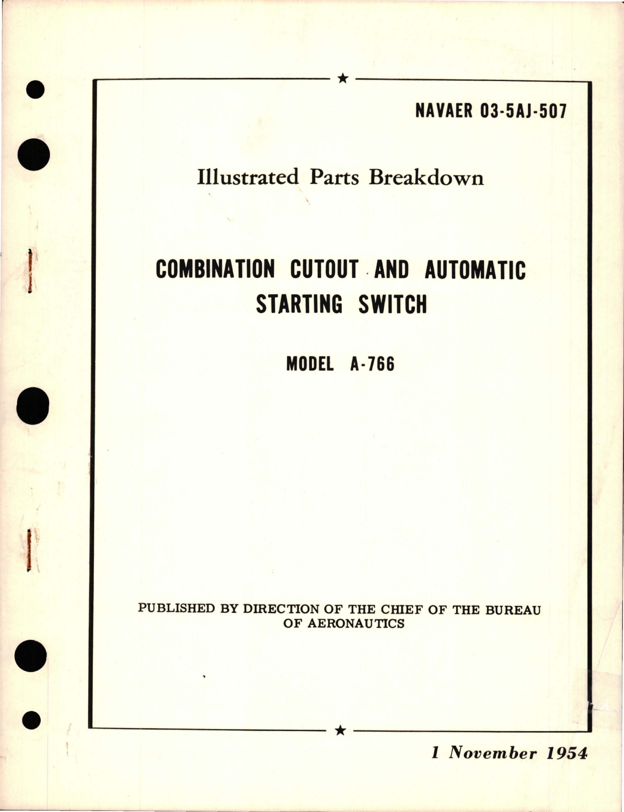 Sample page 1 from AirCorps Library document: Illustrated Parts Breakdown for Combination Cutout and Automatic Starting Switch - Model A-766 