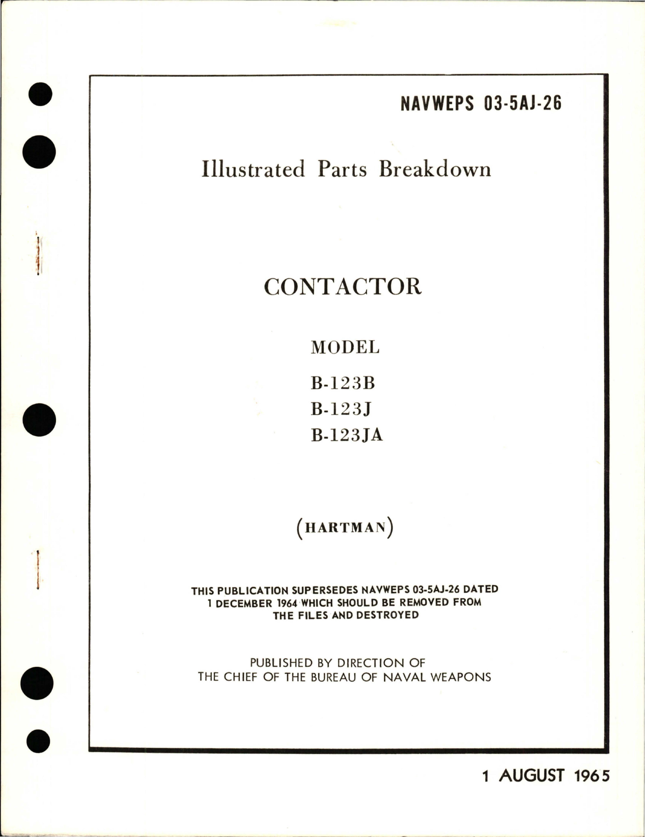 Sample page 1 from AirCorps Library document: Illustrated Parts Breakdown for Contactor - Models B-123B, B-123J, and B-123JA 