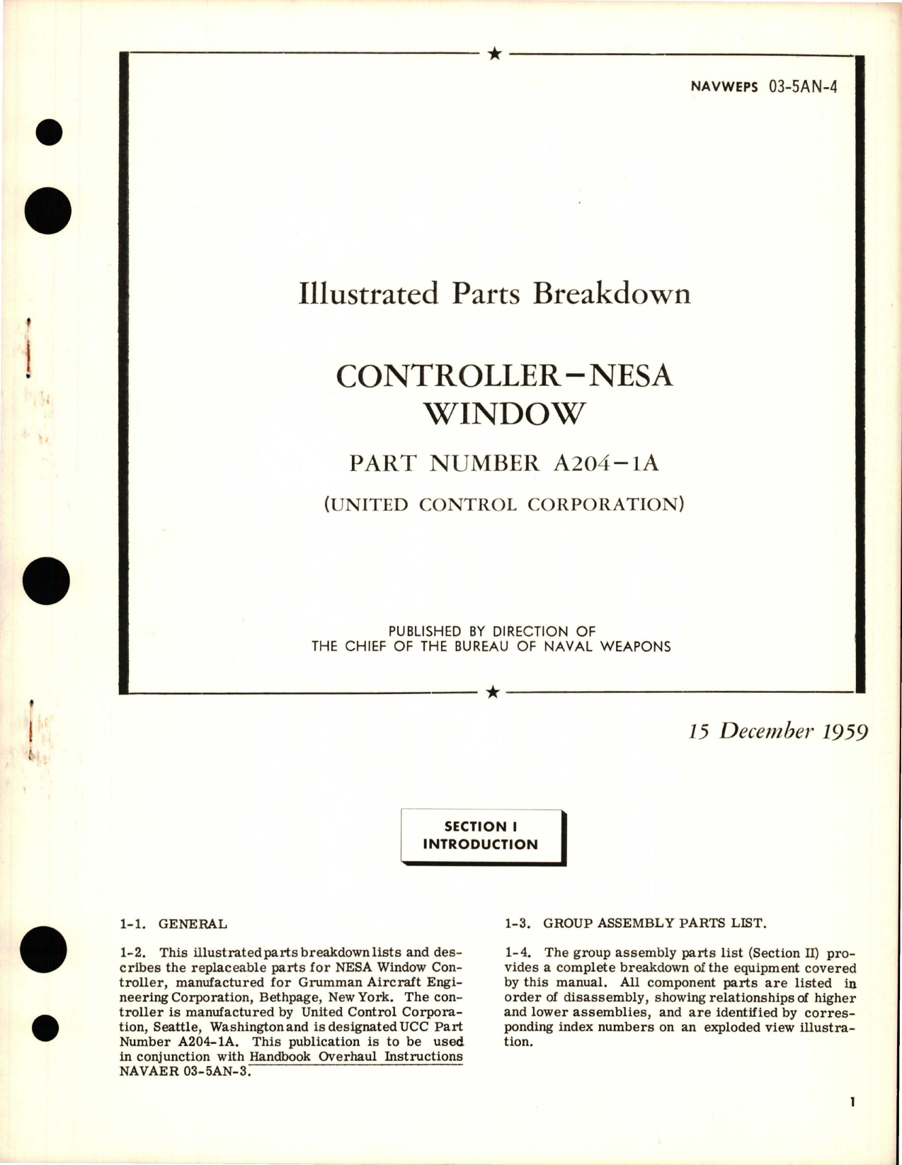 Sample page 1 from AirCorps Library document: Illustrated Parts Breakdown for Nesa Window Controller - Part A204-1A 