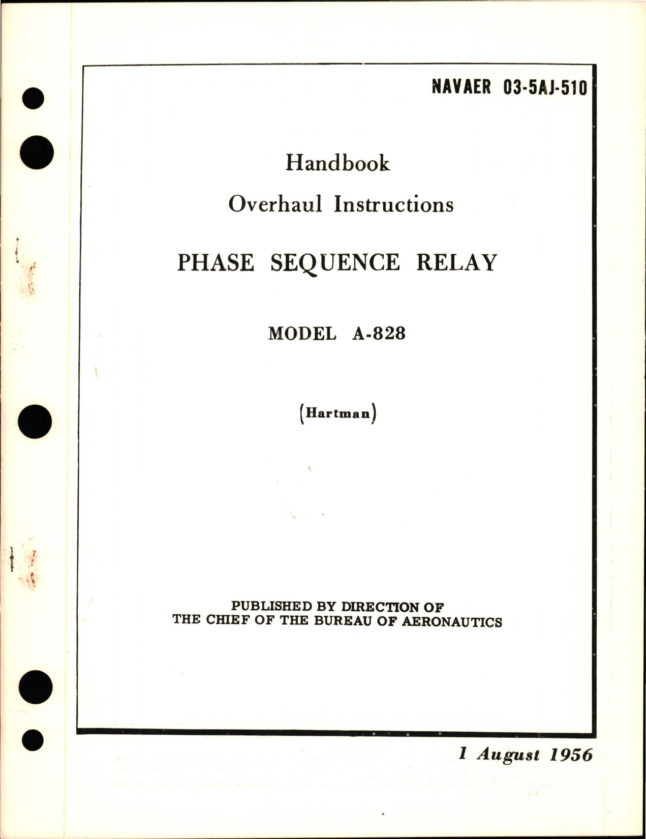 Sample page 1 from AirCorps Library document: Overhaul Instructions for Phase Sequence Relay - Model A-828