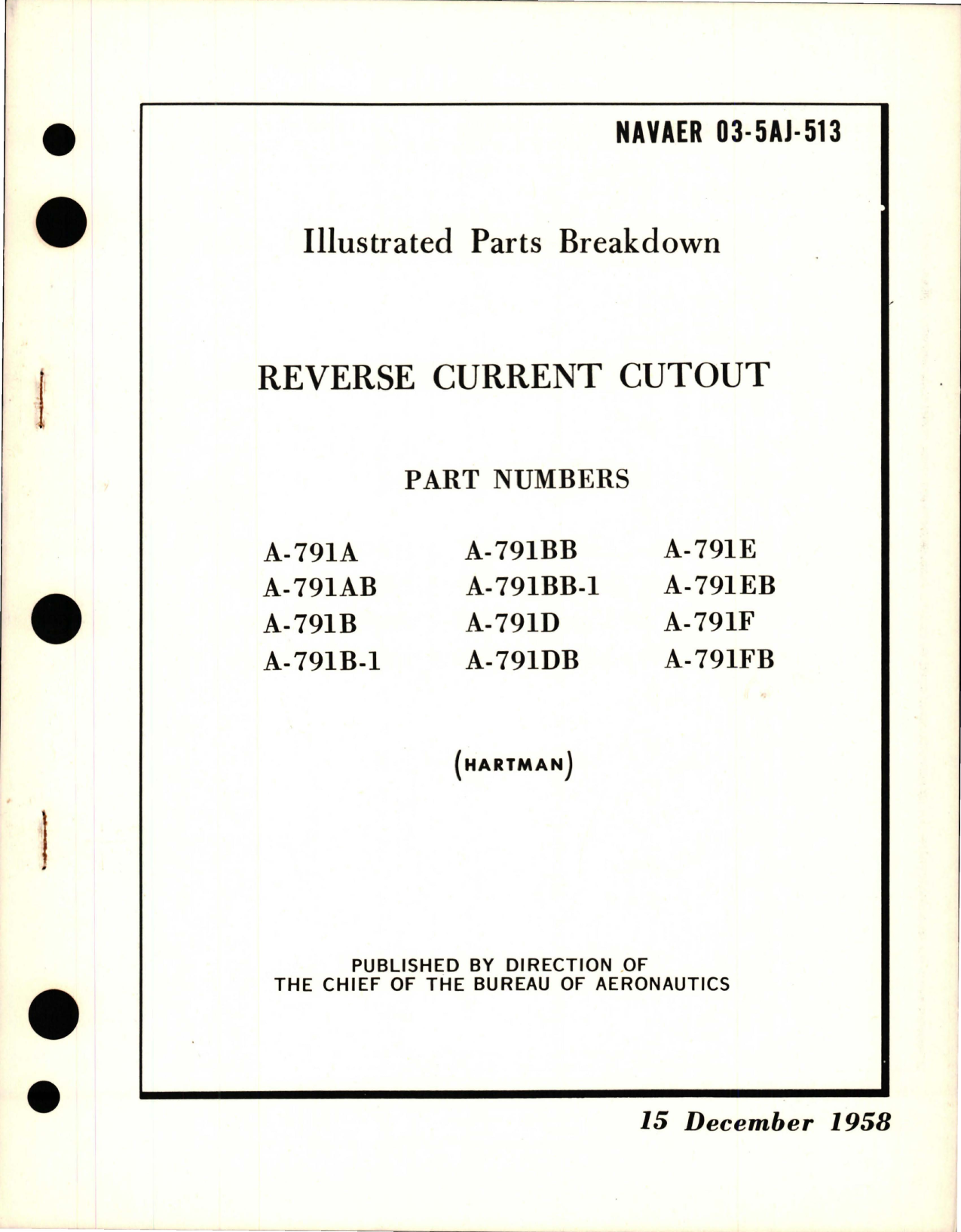 Sample page 1 from AirCorps Library document: Illustrated Parts Breakdown for Reverse Current Cutout 