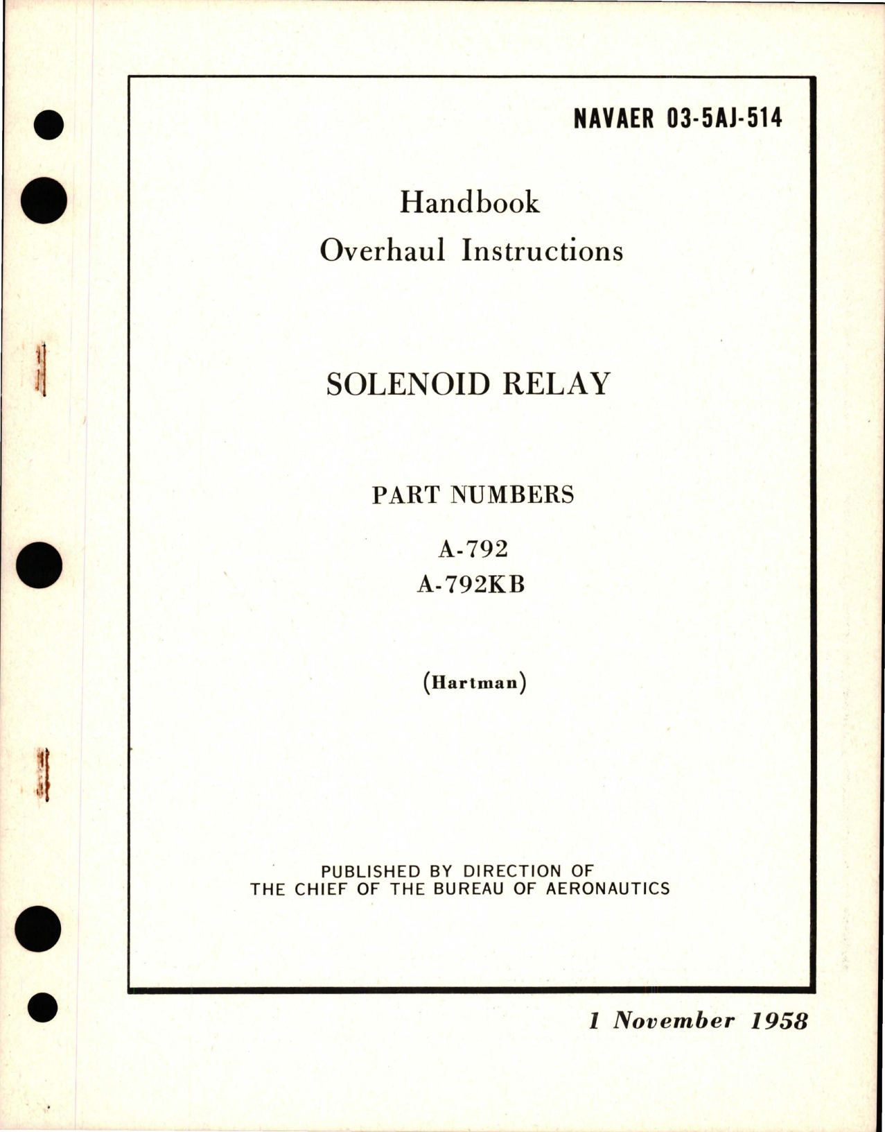 Sample page 1 from AirCorps Library document: Overhaul Instructions Solenoid Relay - Parts A-792 and A-792KB 