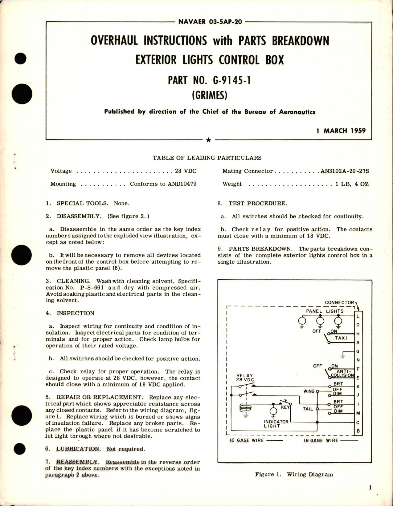Sample page 1 from AirCorps Library document: Overhaul Instructions with Parts for Exterior Lights Control Box - Part G-9145-1 