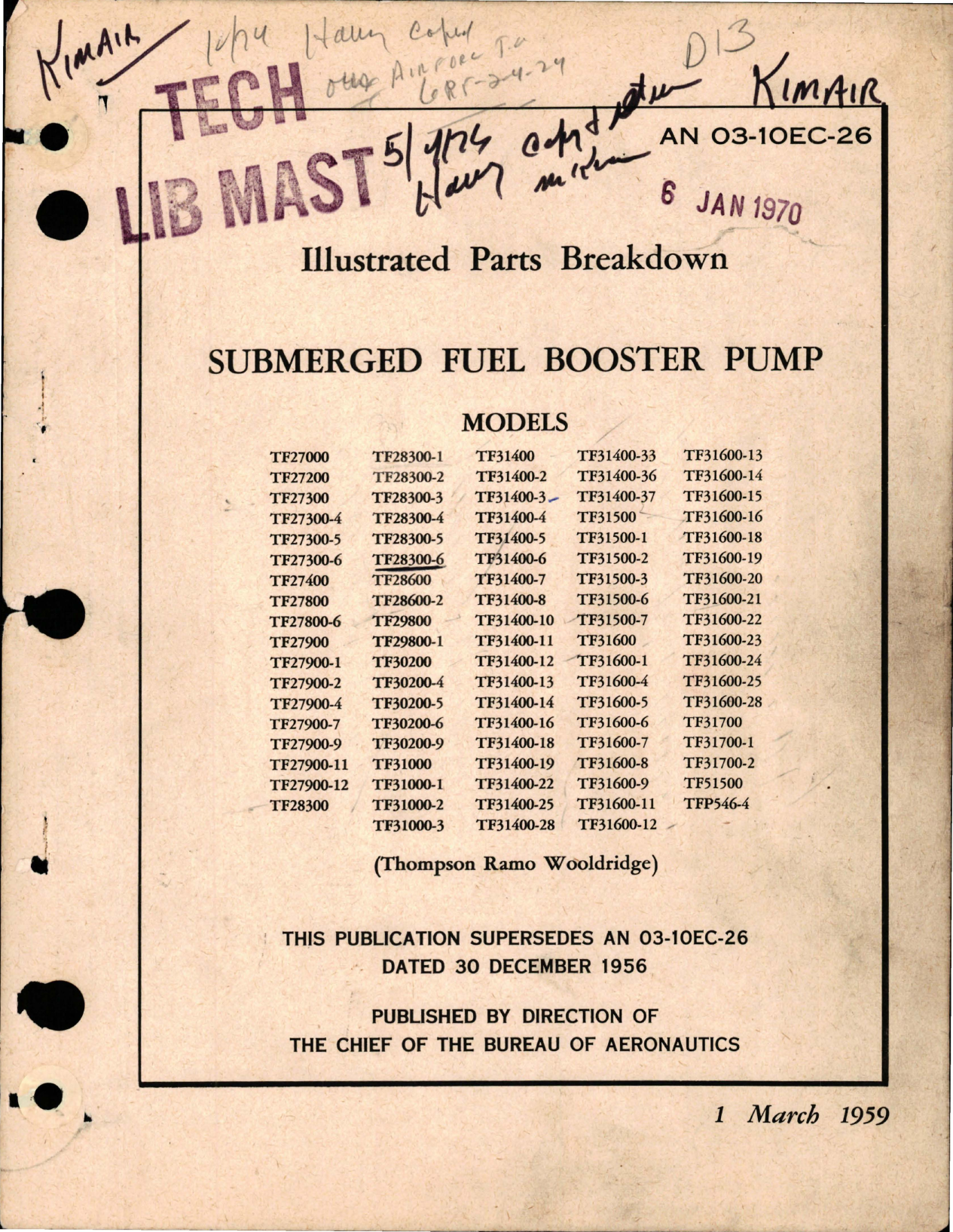 Sample page 1 from AirCorps Library document: Illustrated Parts Breakdown for Submerged Fuel Booster Pump - Models TF2 and TF3 Series