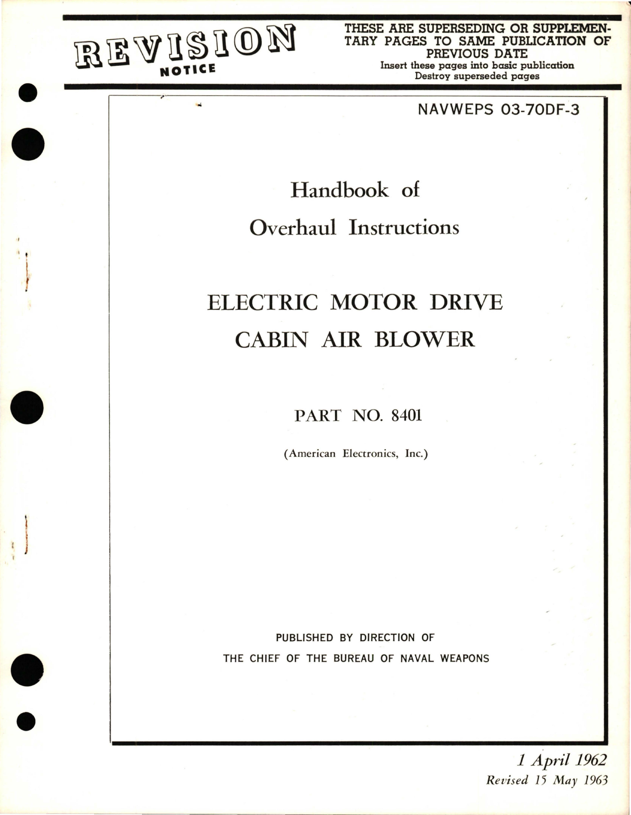 Sample page 1 from AirCorps Library document: Overhaul Instructions for Cabin Air Blower Electric Motor Drive - Part 8401 