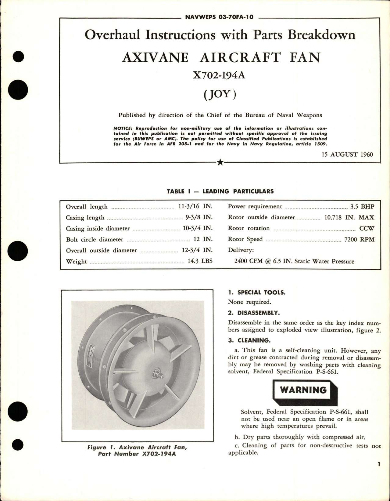 Sample page 1 from AirCorps Library document: Overhaul Instructions with Parts Breakdown for Axivane Aircraft Fan - X702-194A  