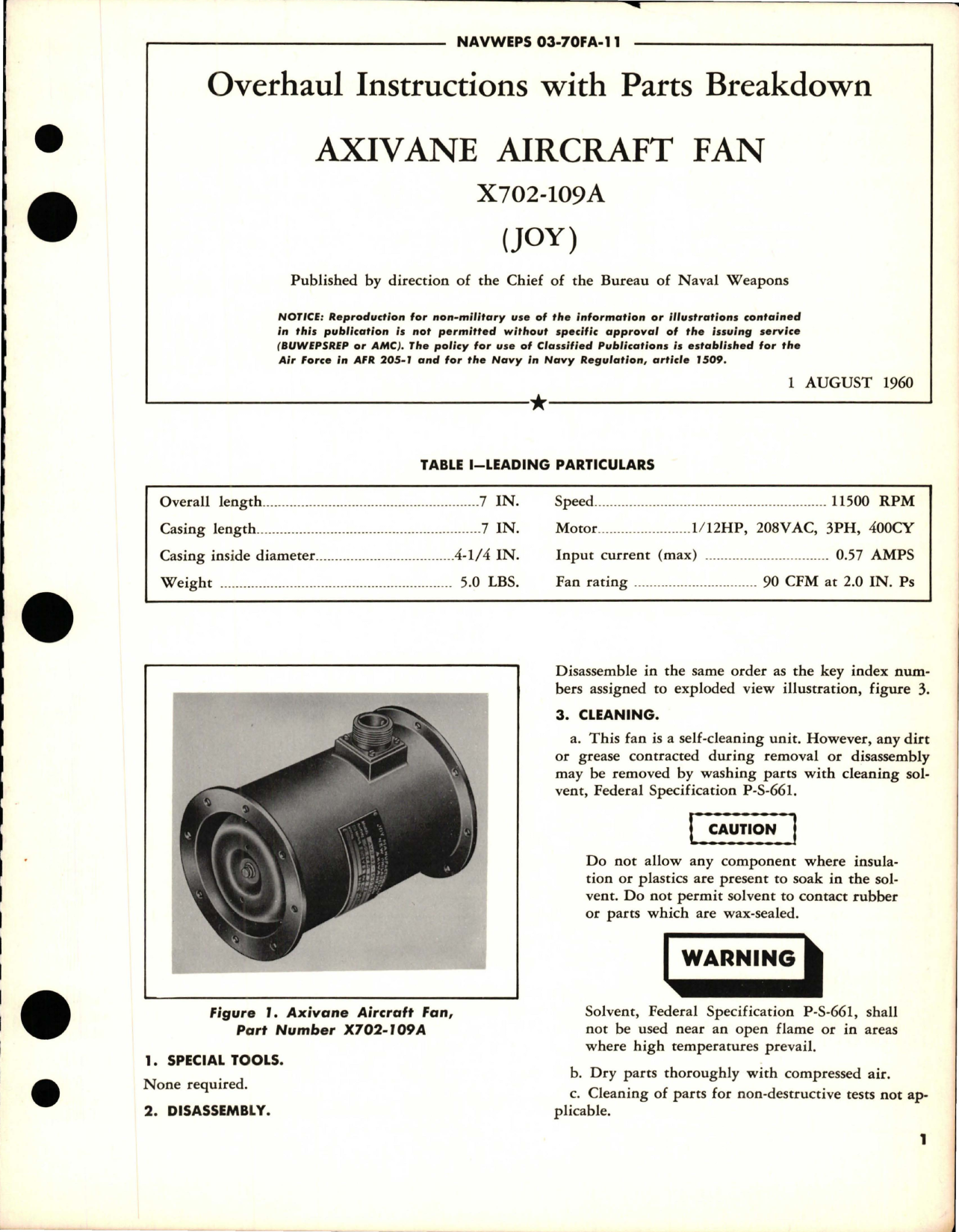 Sample page 1 from AirCorps Library document: Overhaul Instructions with Parts Breakdown for Axivane Aircraft Fan - X702-109A 