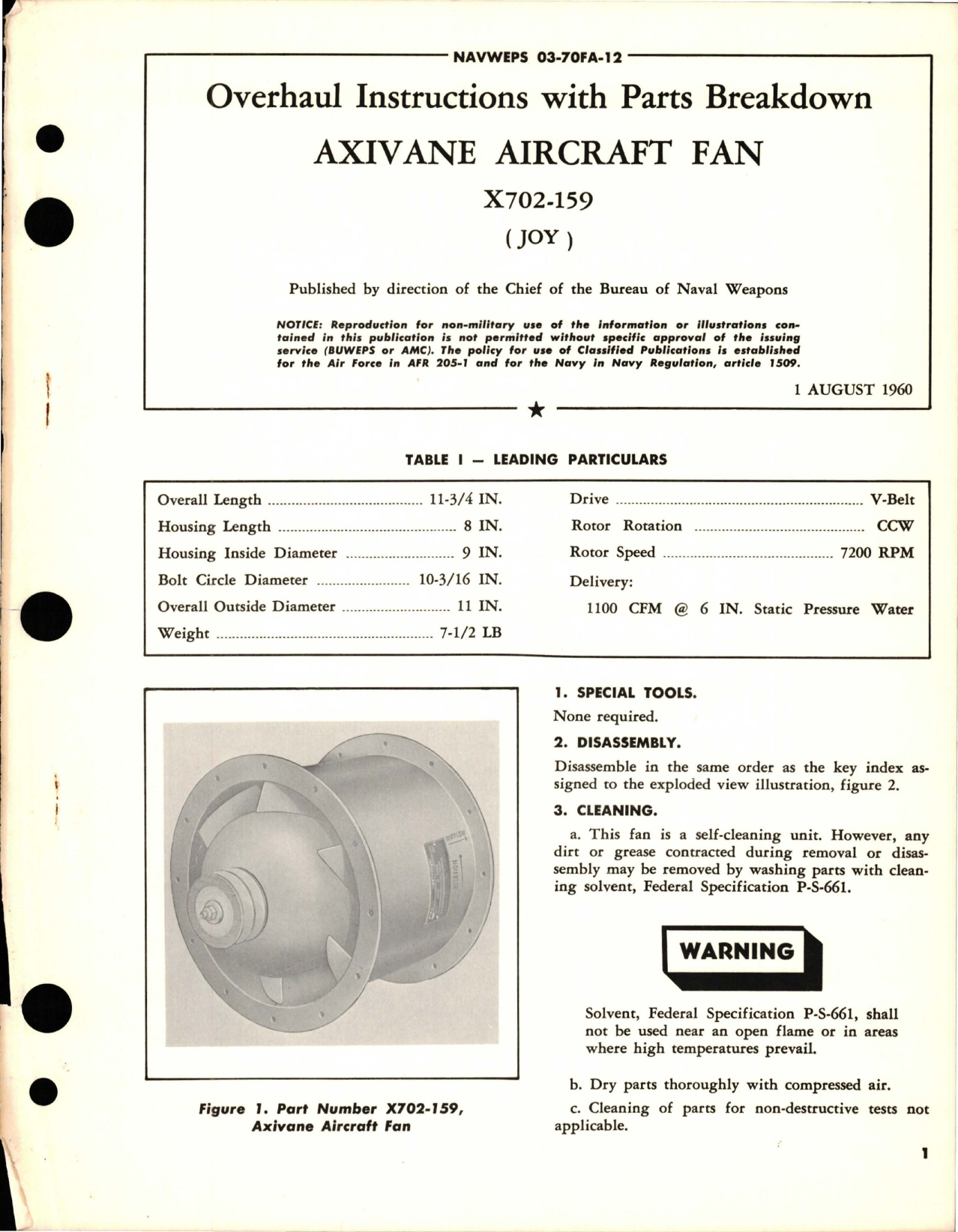 Sample page 1 from AirCorps Library document: Overhaul Instructions with Parts Breakdown for Axivane Aircraft Fan - X702-159 