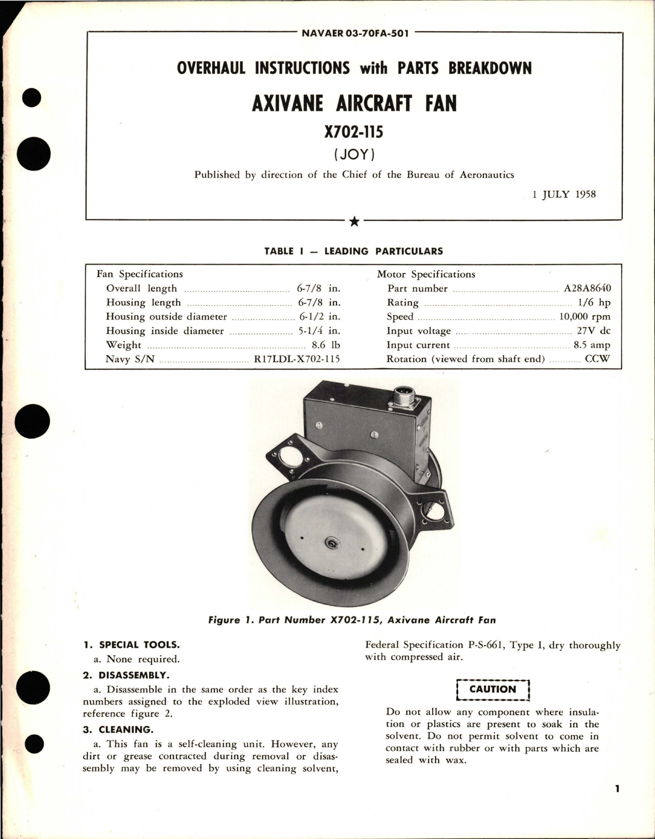 Sample page 1 from AirCorps Library document: Overhaul Instructions with Parts Breakdown for Axivane Aircraft Fan - X702-115 