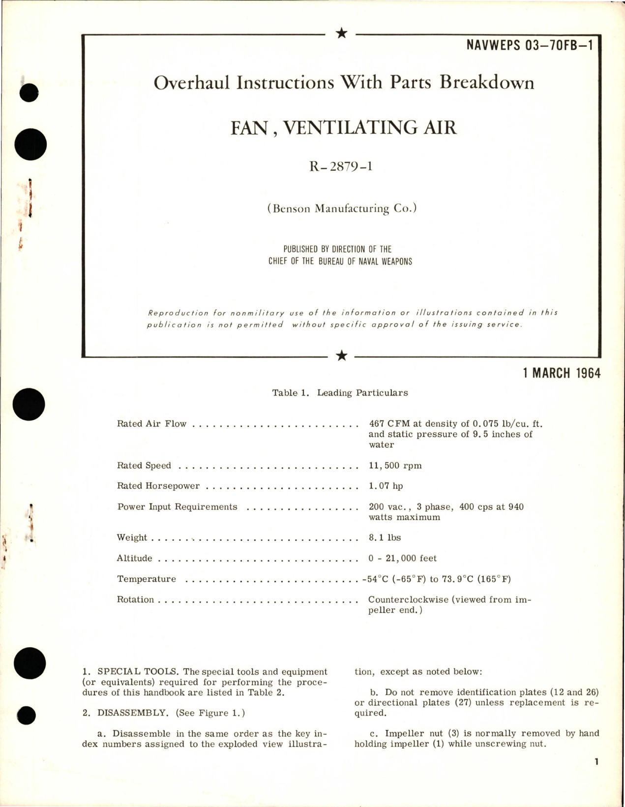 Sample page 1 from AirCorps Library document: Overhaul Instructions with Parts Breakdown for Ventilating Air Fan - R-2879-1 