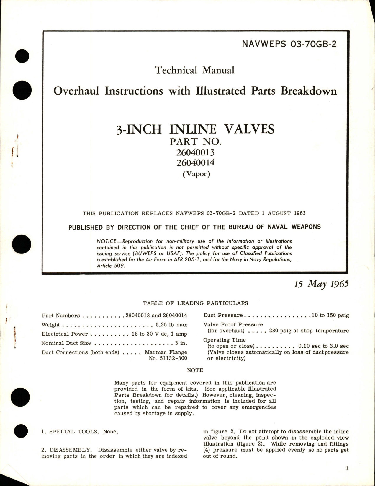 Sample page 1 from AirCorps Library document: Overhaul Instructions with Illustrated Parts Breakdown for 3 Inch Inline Valves - Parts 26040013 and 26040014