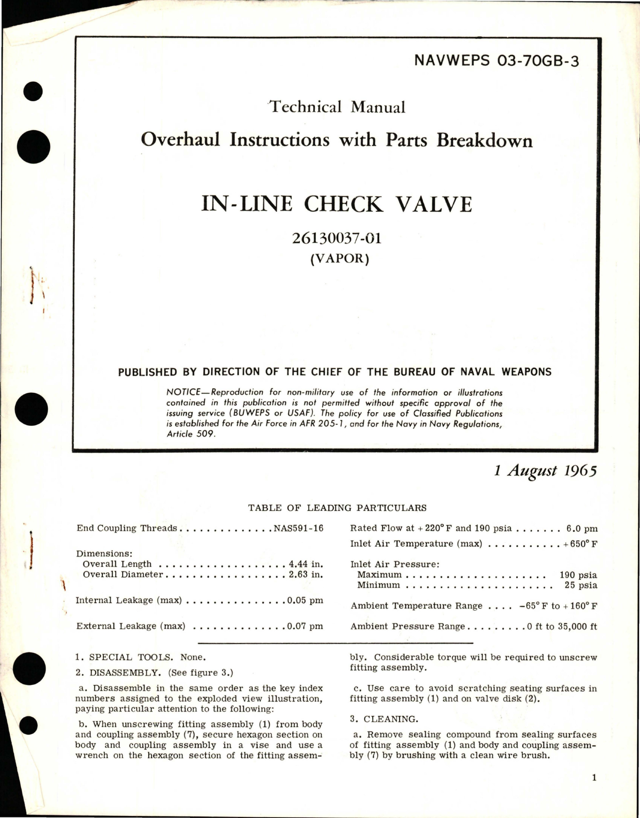 Sample page 1 from AirCorps Library document: Overhaul Instructions with Parts Breakdown for In-Line Check Valve - 26130037-01