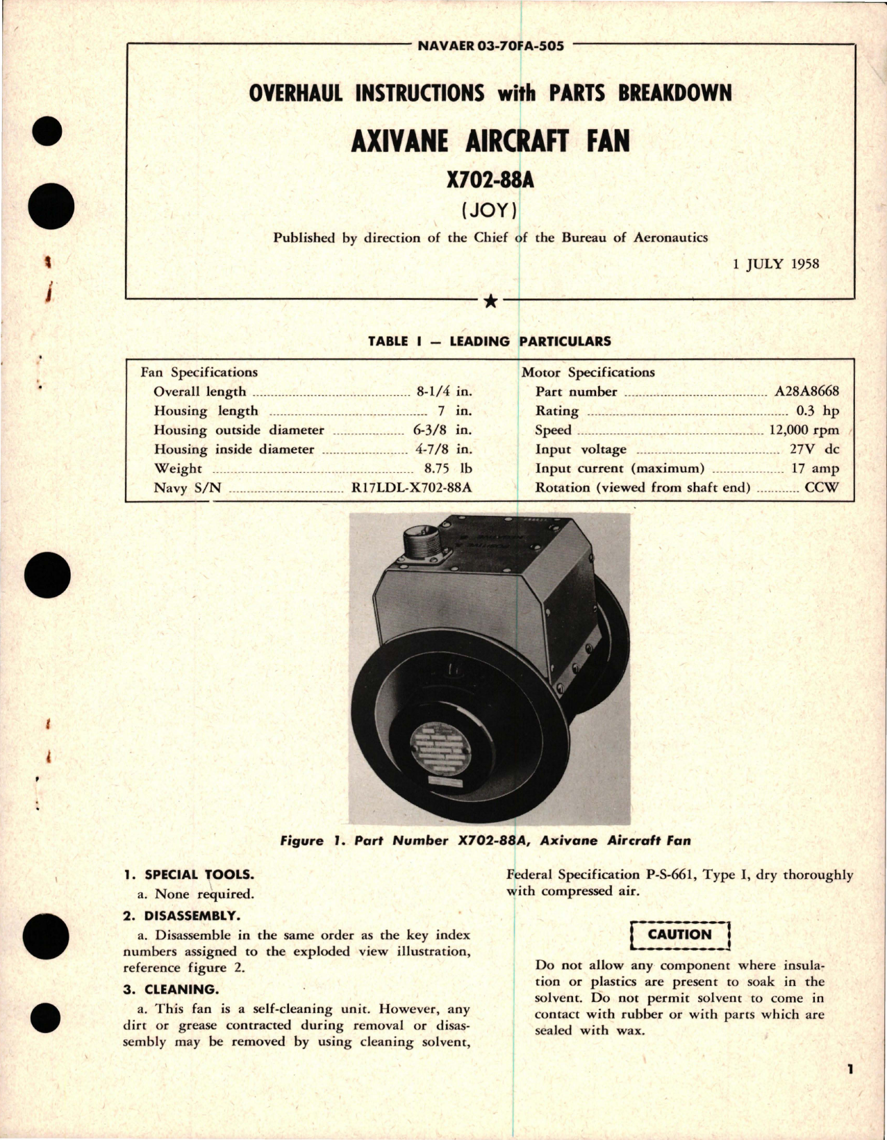 Sample page 1 from AirCorps Library document: Overhaul Instructions with Parts Breakdown for Axvane Aircraft Fan - X702-88A 