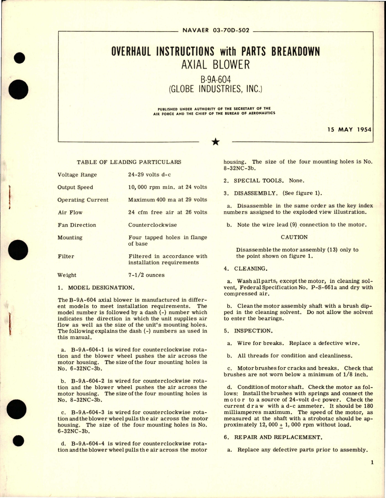 Sample page 1 from AirCorps Library document: Overhaul Instructions with Parts Breakdown for Axial Blower - B-9A-604 