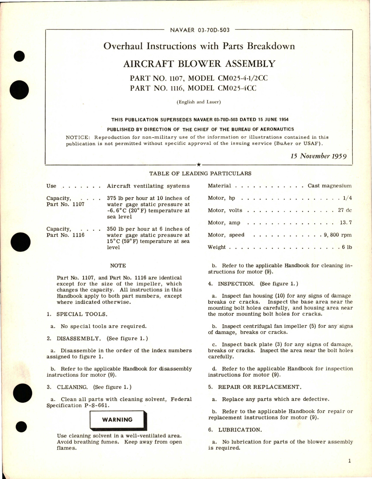 Sample page 1 from AirCorps Library document: Overhaul Instructions with Parts Breakdown for Aircraft Blower Assembly - Parts 1107 and 1116