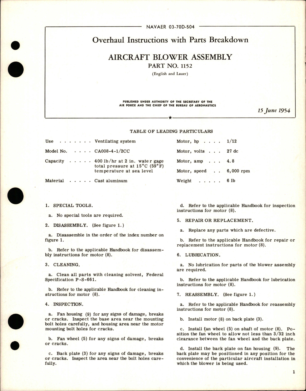 Sample page 1 from AirCorps Library document: Overhaul Instructions with Parts Breakdown for Aircraft Blower Assembly - Part 1152