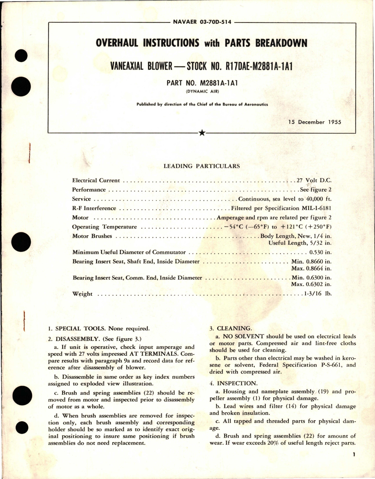 Sample page 1 from AirCorps Library document: Overhaul Instructions with Parts Breakdown for Vaneaxial Blower - Part M2881A-1A1
