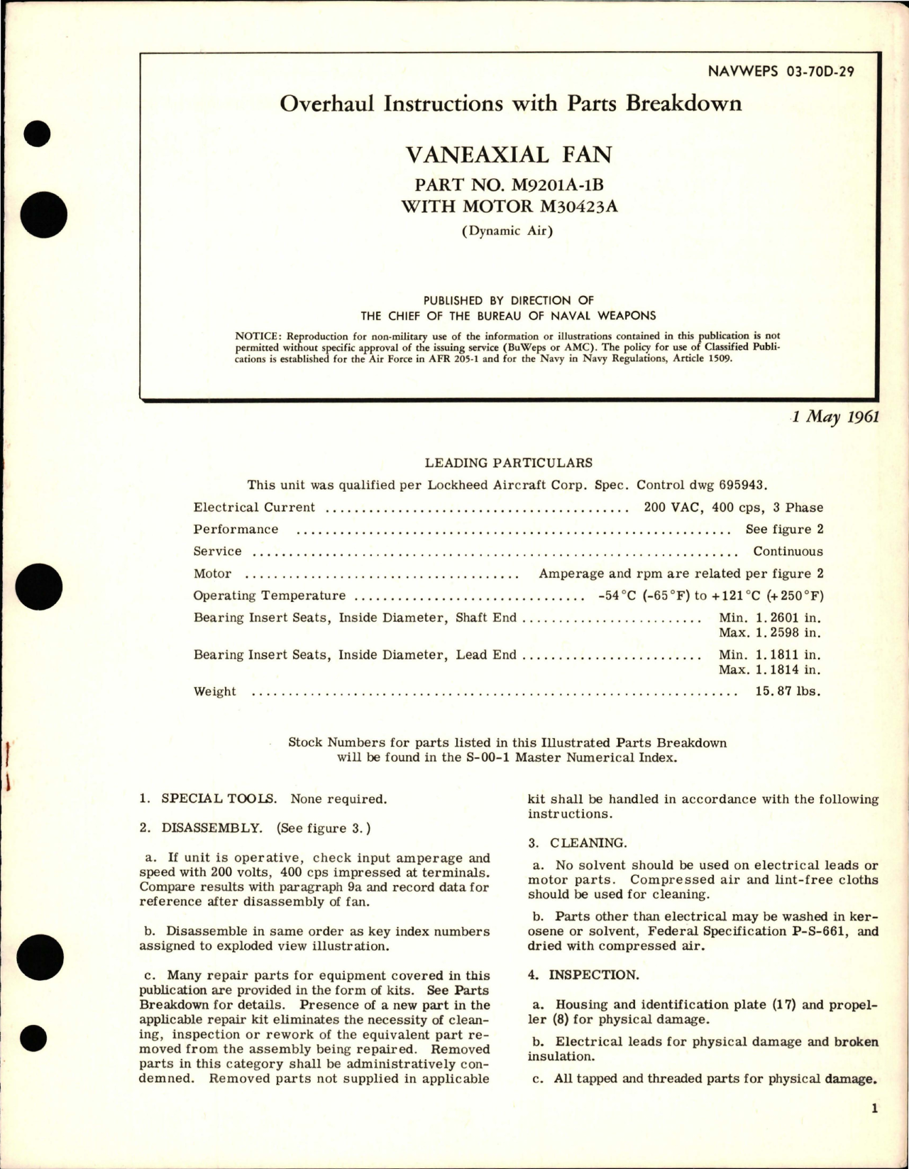 Sample page 1 from AirCorps Library document: Overhaul Instructions with Parts Breakdown for Vaneaxial Fan - Part M9201A-1B with Motor M30423A