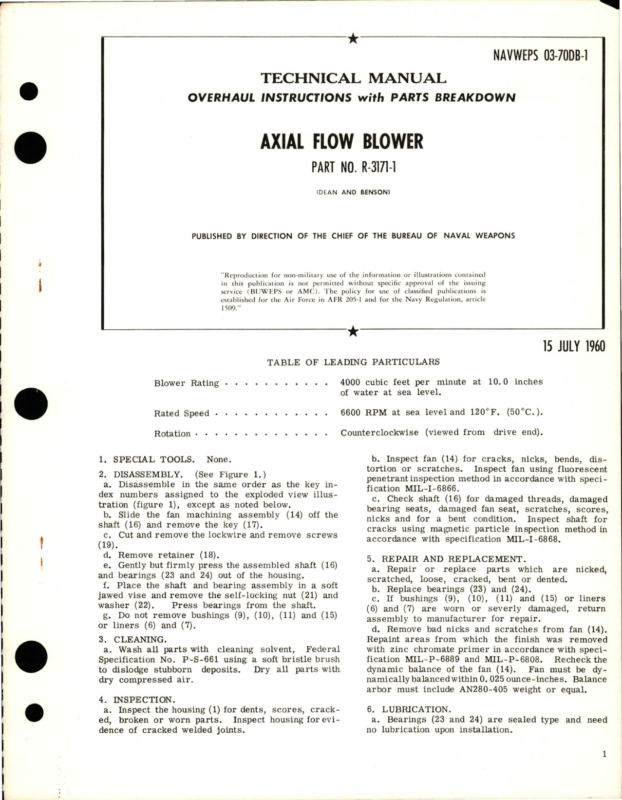 Sample page 1 from AirCorps Library document: Overhaul Instructions with Parts Breakdown for Axial Flow Blower - Part R-3171-1