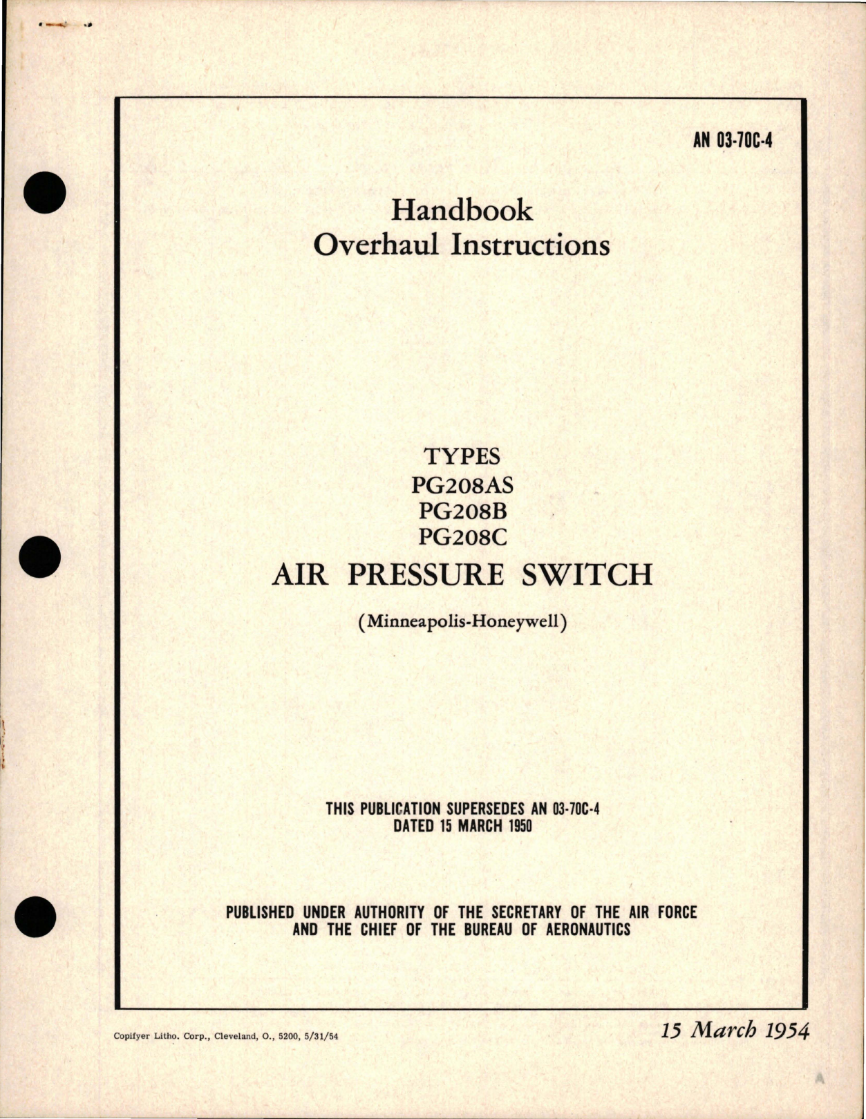 Sample page 1 from AirCorps Library document: Overhaul Instructions for Air Pressure Switch - Types PG208AS, PG208B, and PG208C