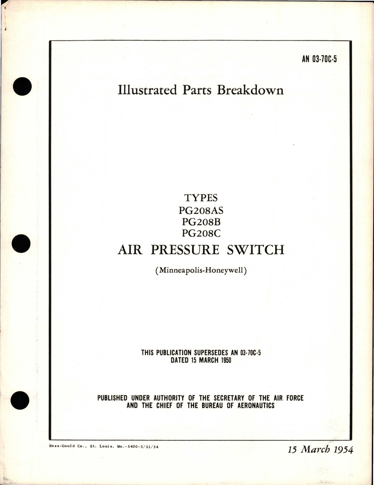 Sample page 1 from AirCorps Library document: Illustrated Parts Breakdown for Air Pressure Switch - Types PG208AS, PG208B, and PG208C