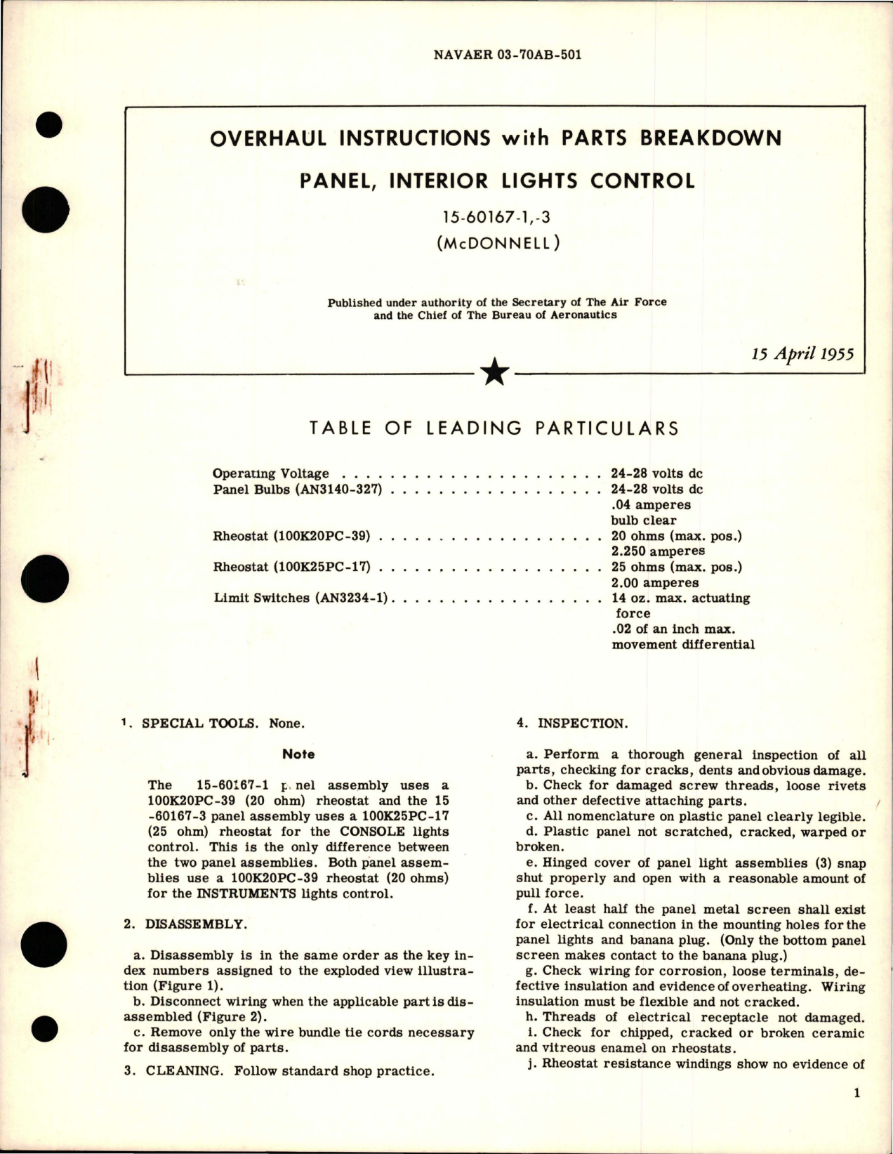 Sample page 1 from AirCorps Library document: Overhaul Instructions with Parts Breakdown for Interior Lights Control Panel - 15-60167-1 and 15-60167-3