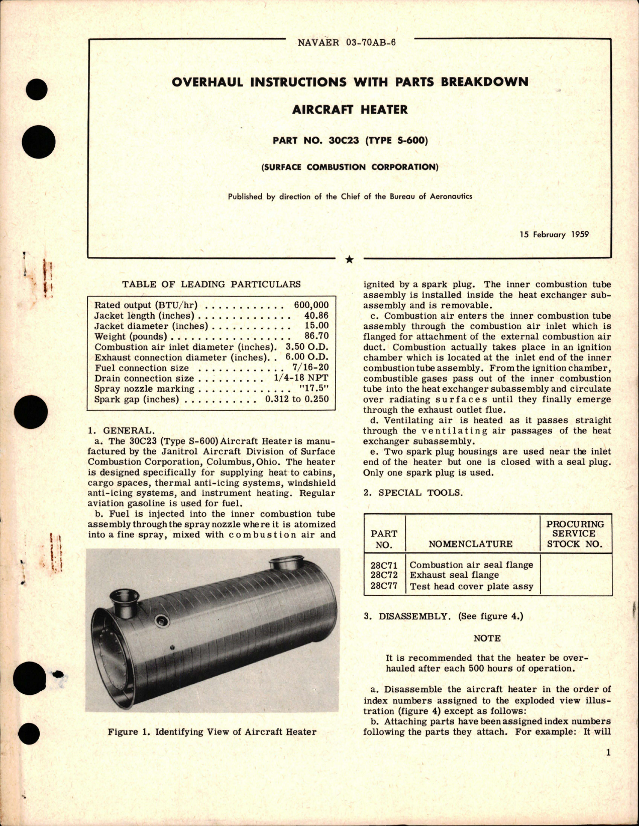 Sample page 1 from AirCorps Library document: Overhaul Instructions with Parts Breakdown for Aircraft Heater - Part 30C23 - Type S-600 