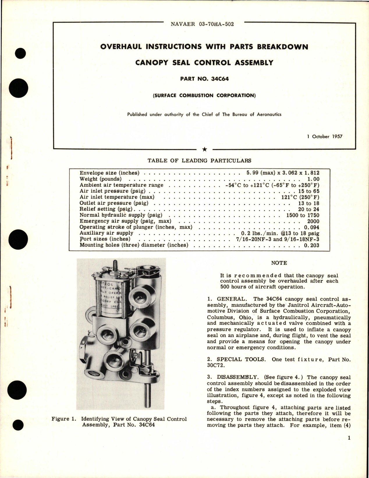 Sample page 1 from AirCorps Library document: Overhaul Instructions with Parts Breakdown for Canopy Seal Control Assembly - Part 34C64 