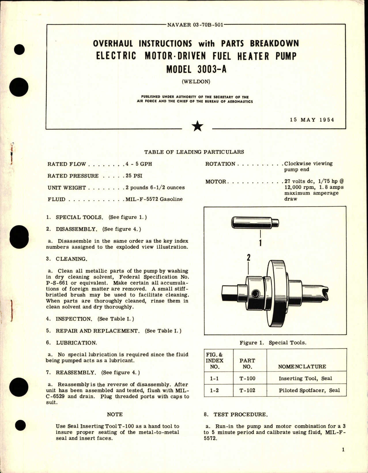 Sample page 1 from AirCorps Library document: Overhaul Instructions with Parts Breakdown for Electric Motor-Driven Fuel Heater Pump - Model 3003-A
