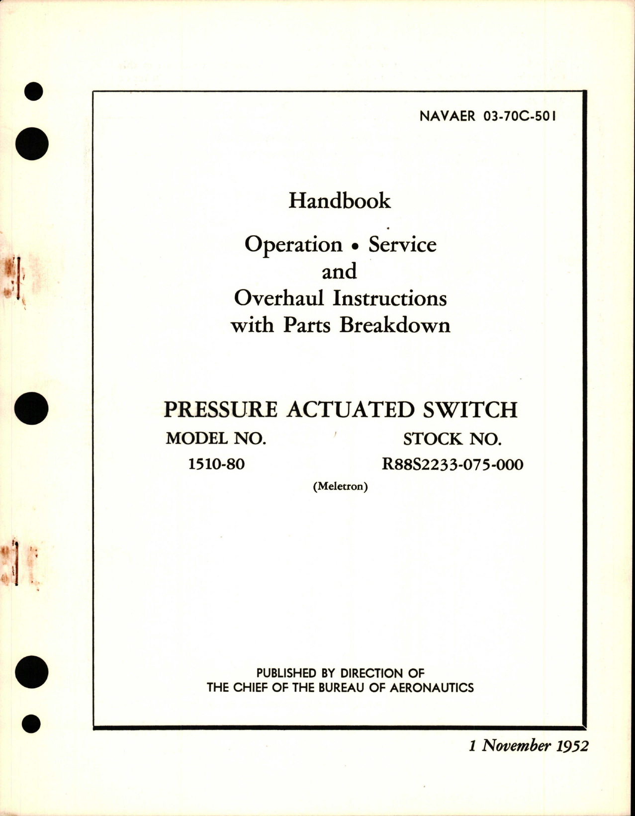 Sample page 1 from AirCorps Library document: Operation, Service and Overhaul Instructions with Parts Breakdown for Pressure Actuated Switch - Model 1510-80