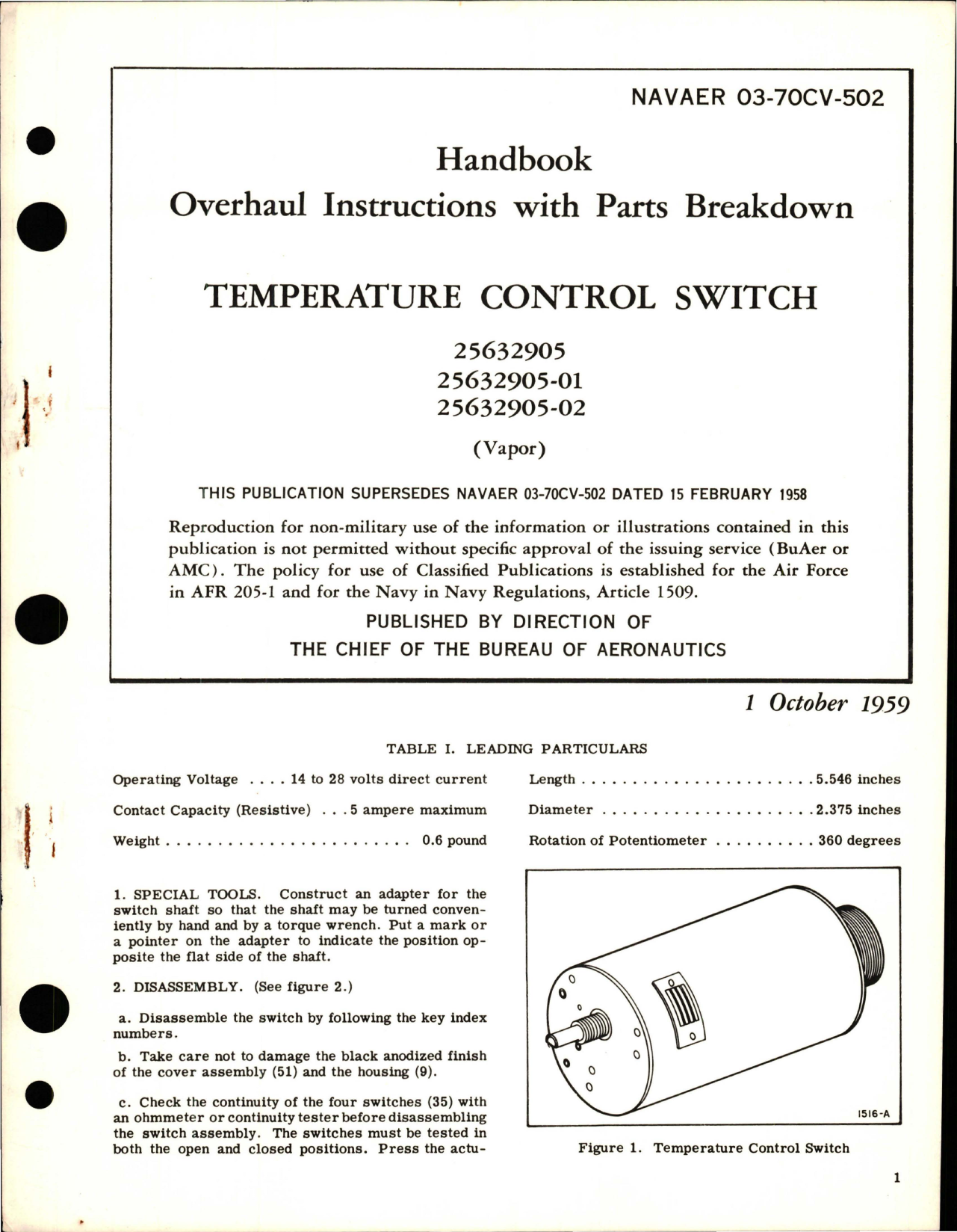 Sample page 1 from AirCorps Library document: Overhaul Instructions with Parts Breakdown for Temperature Control Switch - Parts 25632905, 25632905-01, and 25632905-02