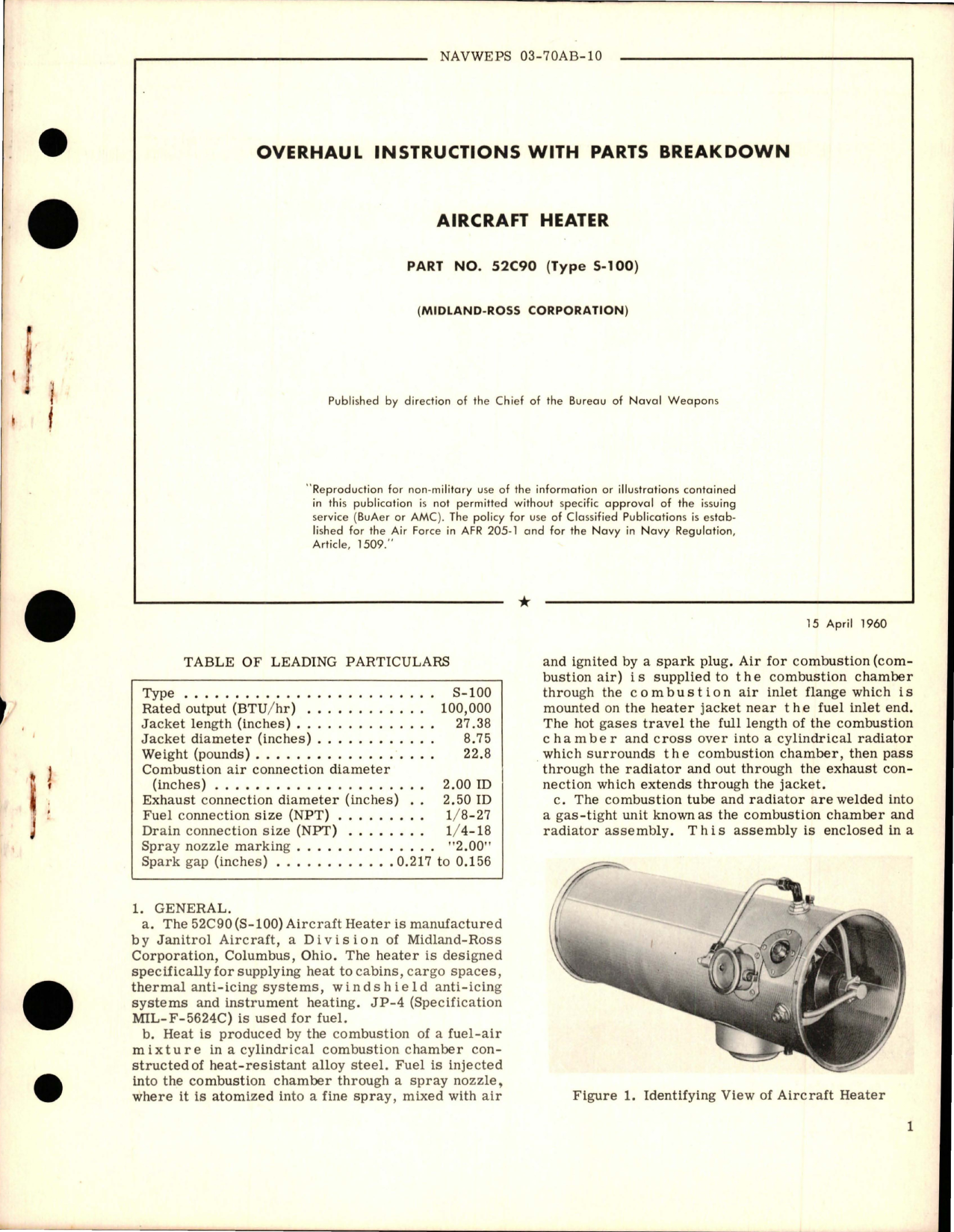 Sample page 1 from AirCorps Library document: Overhaul Instructions w Parts Breakdown for Aircraft Heaters - Part 52C90 - Type S-100 