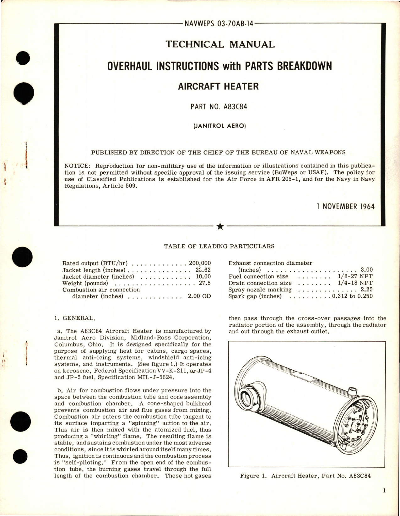 Sample page 1 from AirCorps Library document: Overhaul Instructions with Parts Breakdown for Aircraft Heater - Part A83C84 