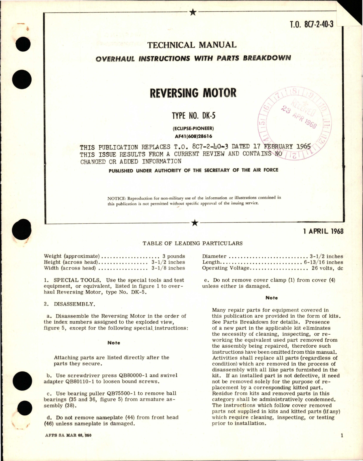 Sample page 1 from AirCorps Library document: Overhaul Instructions with Parts Breakdown for Reversing Motor - Type DK-5 