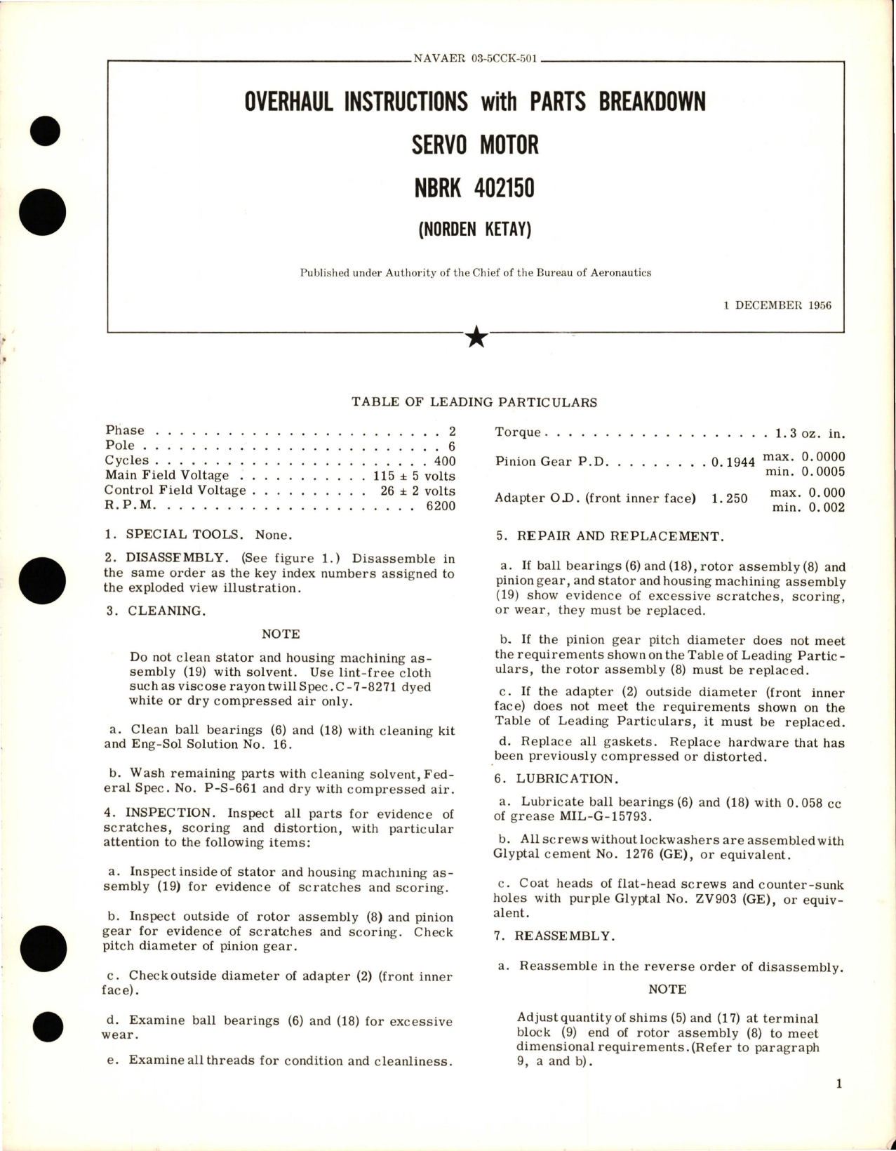 Sample page 1 from AirCorps Library document: Overhaul Instructions with Parts Breakdown for Servo Motor - NBRK 402150 