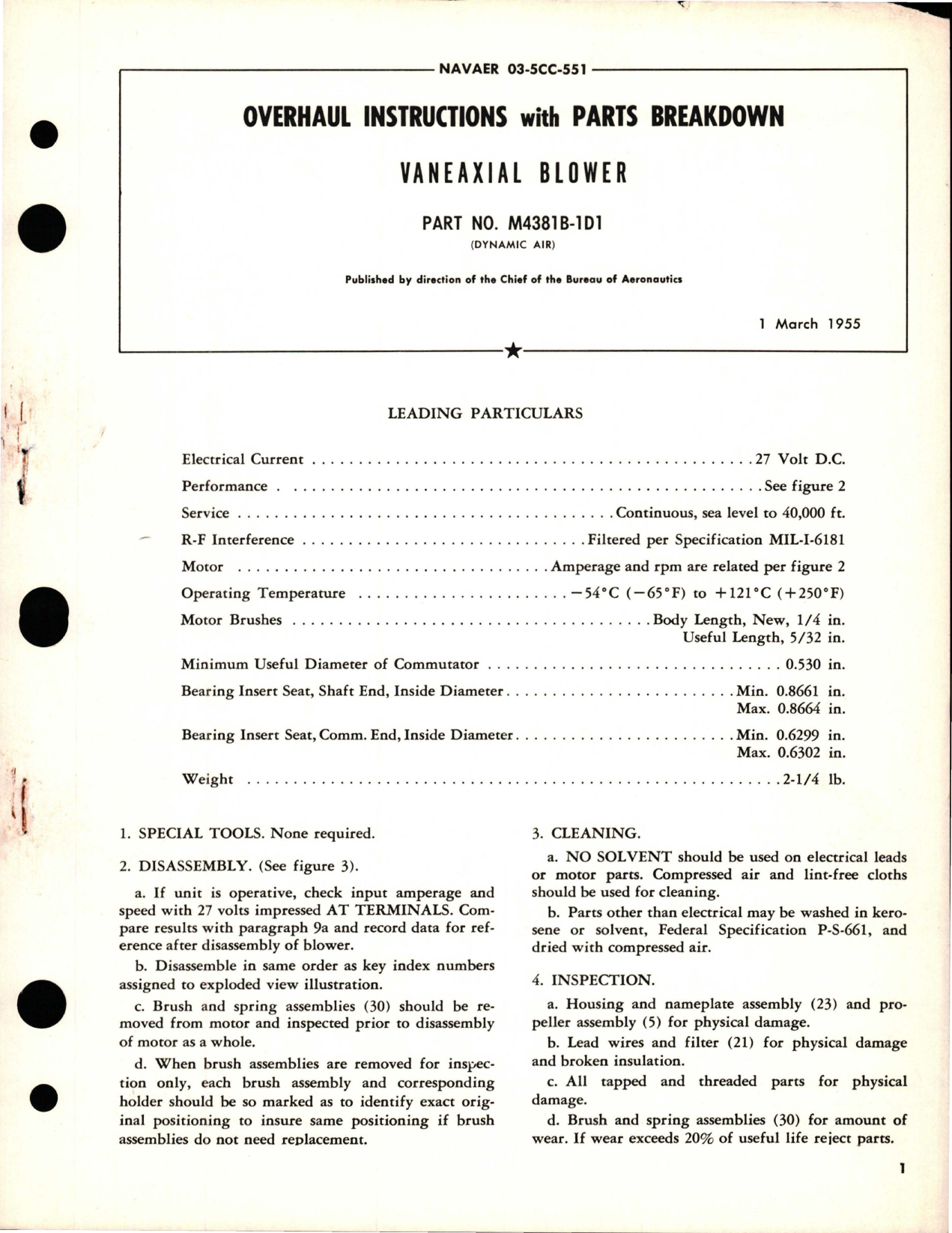 Sample page 1 from AirCorps Library document: Overhaul Instructions with Parts Breakdown for Vaneaxial Blower - Part M4381B-1D1