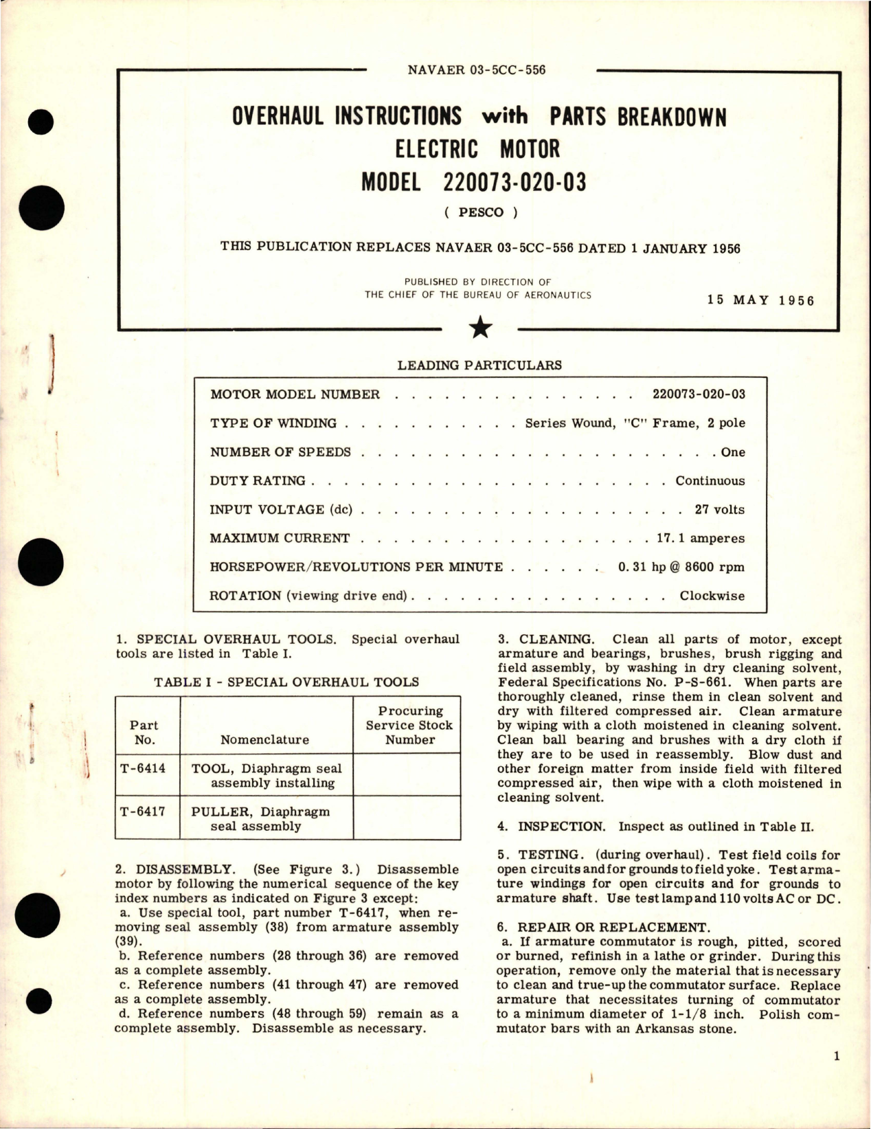 Sample page 1 from AirCorps Library document: Overhaul Instructions with Parts Breakdown for Electric Motor - Model 220073-020-03