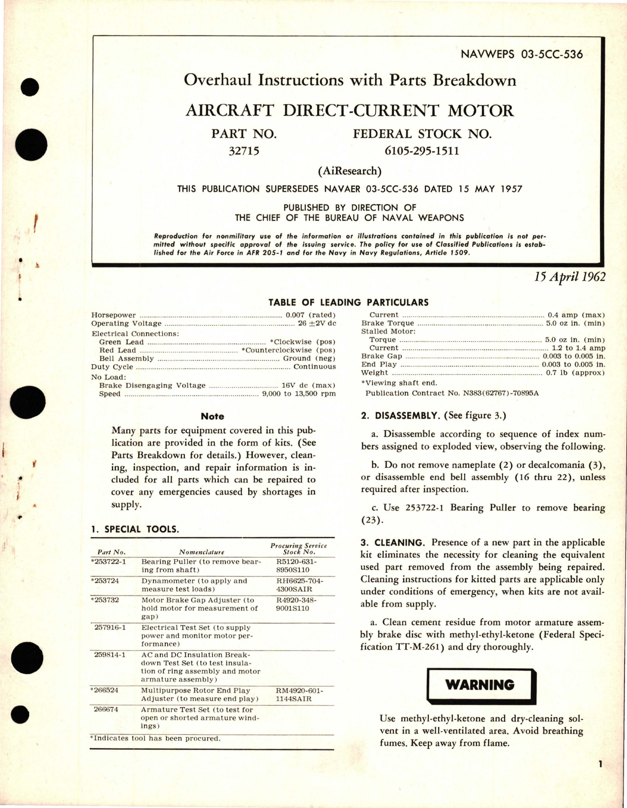 Sample page 1 from AirCorps Library document: Overhaul Instructions with Parts Breakdown for Direct-Current Motor - Part 32715 