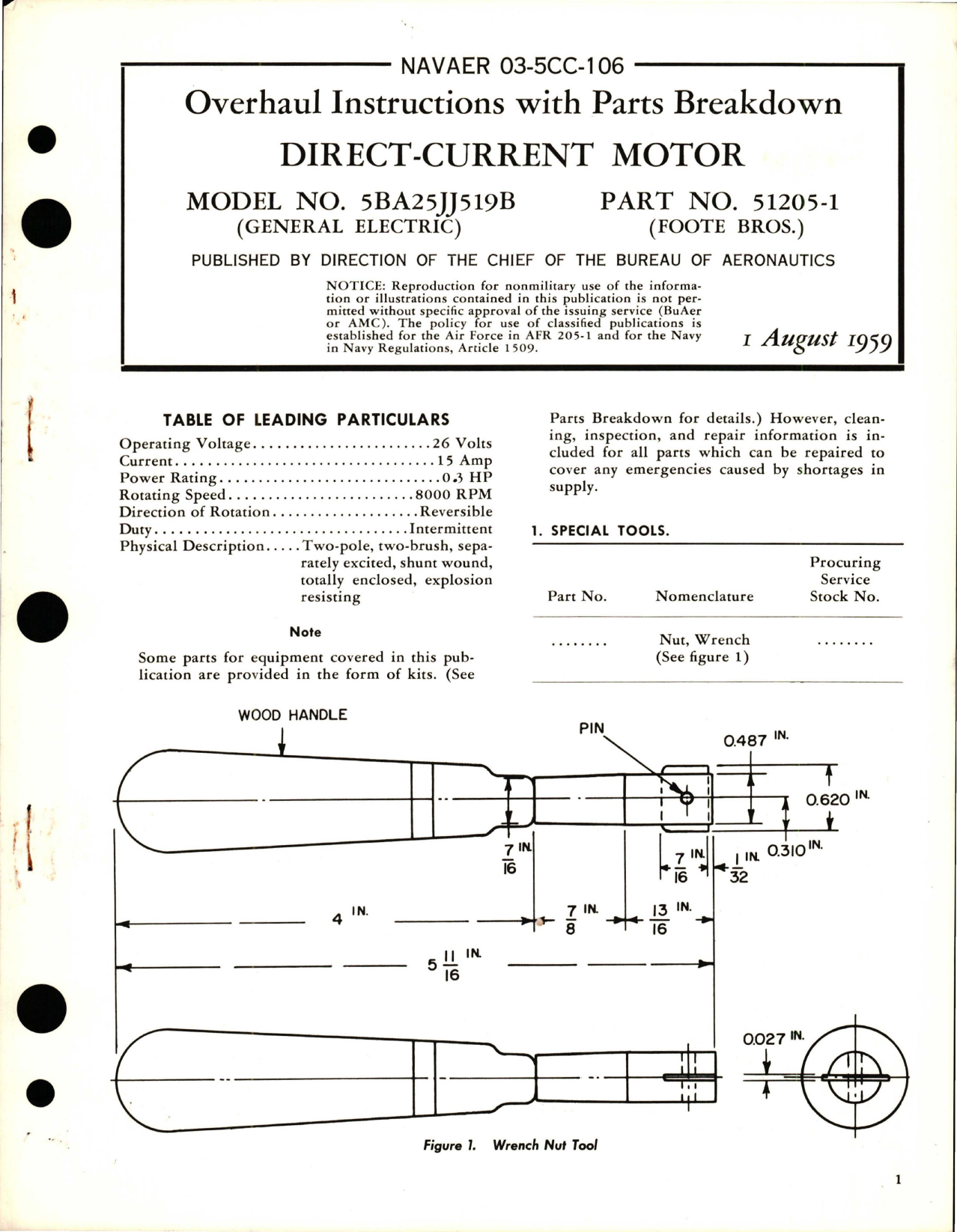Sample page 1 from AirCorps Library document: Overhaul Instructions with Parts Breakdown for Direct-Current Motor - Model 5BA25JJ519B - Part 51205-1 