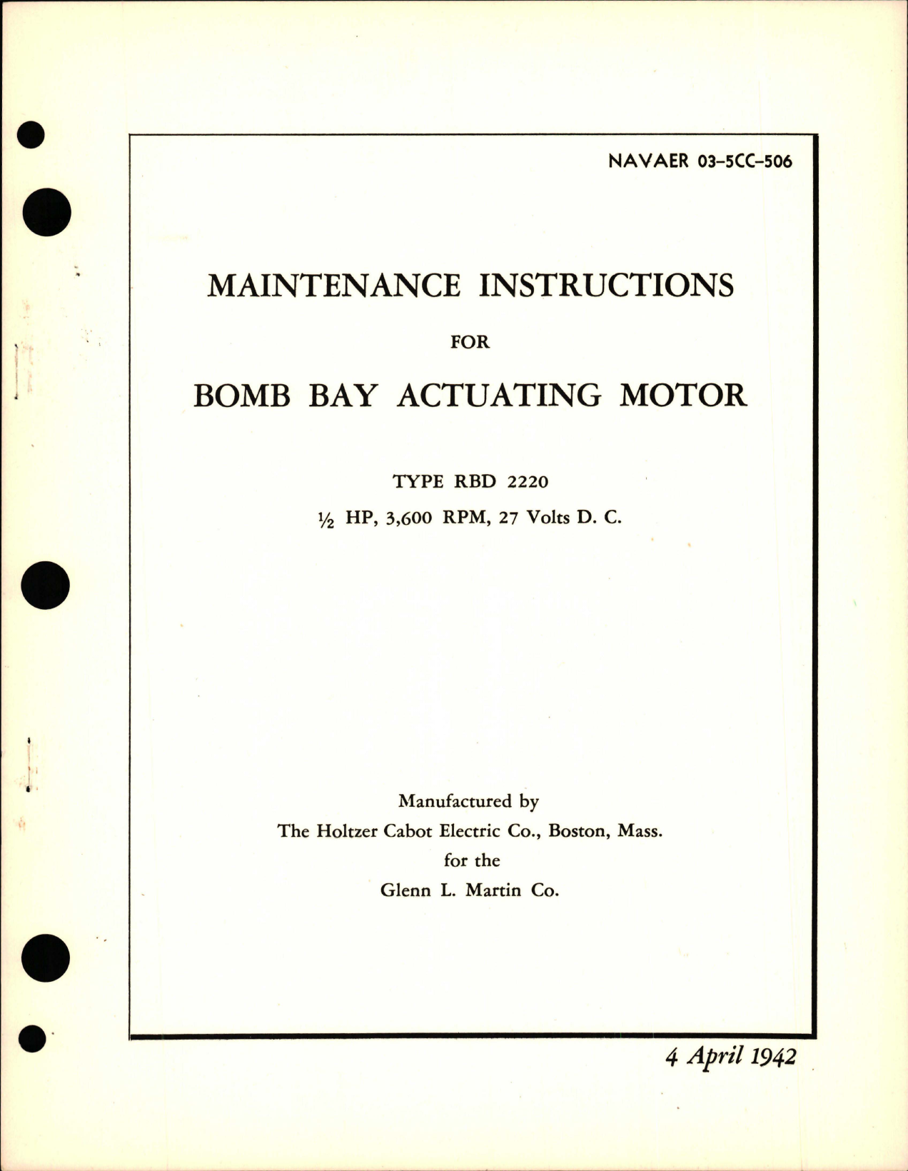 Sample page 1 from AirCorps Library document: Maintenance Instructions for Bomb Bay Actuating Motor - Type RBD 2220, 1/2 HP, 3,600 RPM, 27 Volts D.C.