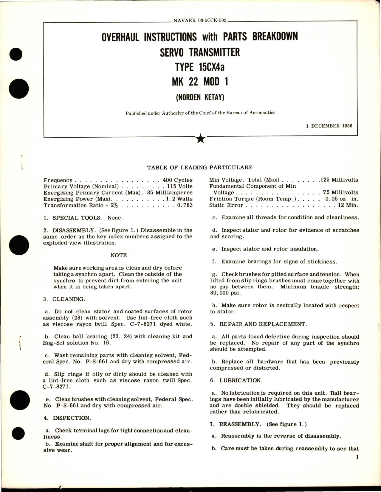 Sample page 1 from AirCorps Library document: Overhaul Instructions with Parts Breakdown for Servo Transmitter - Type 15CX4a - MK 22 MOD 1